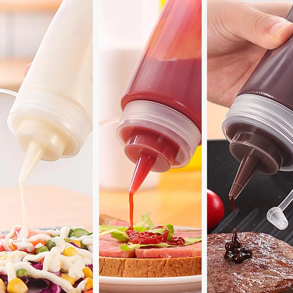 Butelka do wyciskania sosu 500 ml z nakrętką 4 szt. plastikowy dozownik do butelek do wyciskania przypraw, ketchupu, musztardy, Mayo, oliwy z oliwek, przezroczysty, 473 ml
