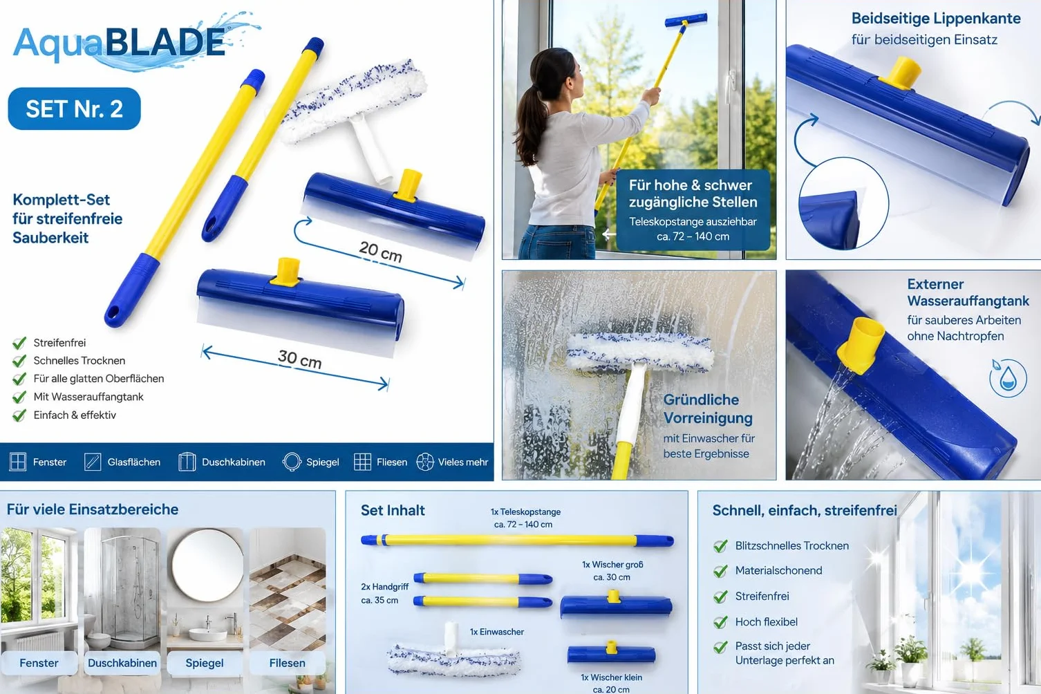 AquaBLADE Zestaw nr 2 – Wycieraczki Silikonowe, Rynna, Zbiornik, Myjka, Uchwyt, Drążek Teleskopowy