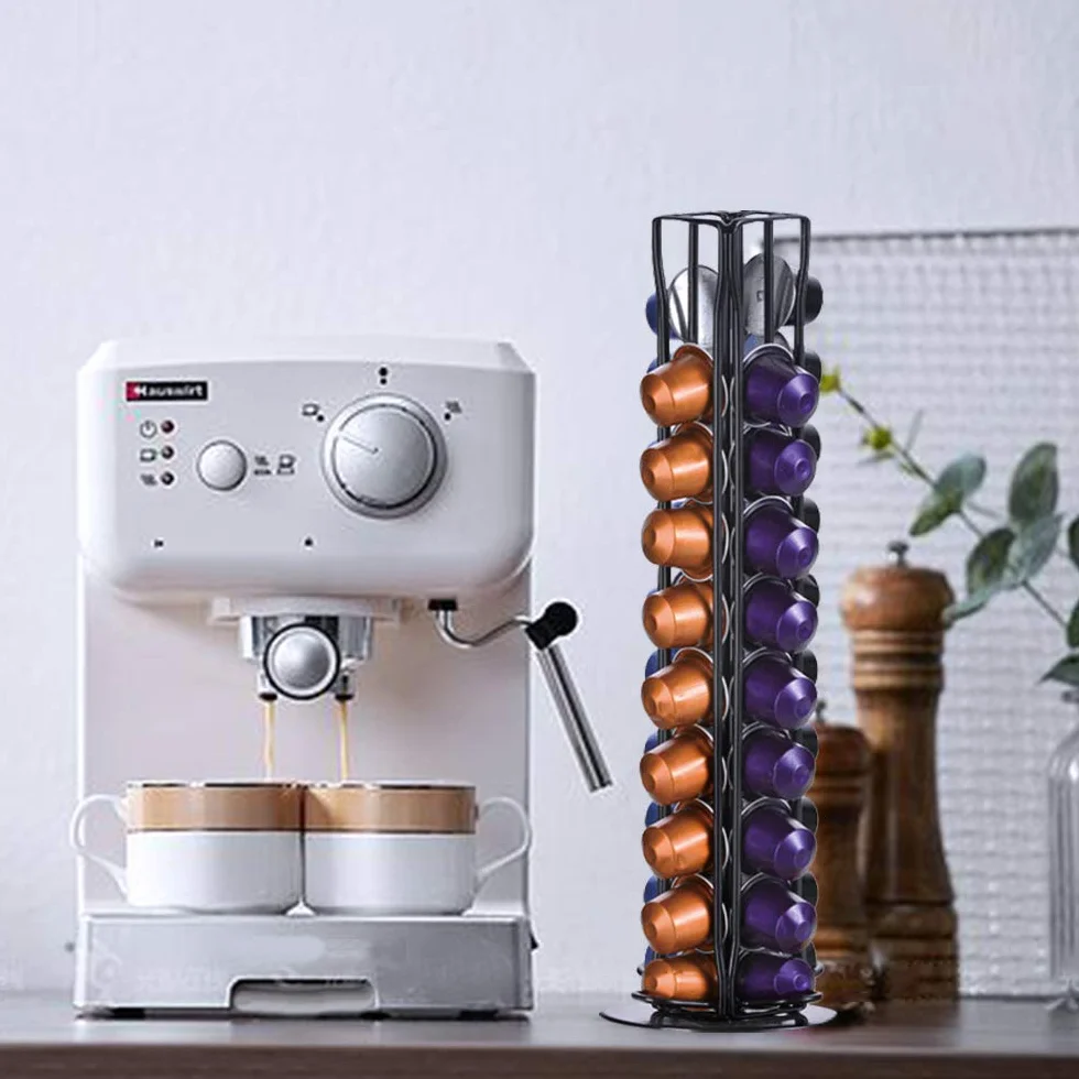 Uchwyt na kapsułki do kawy Nespresso, 40 kapsułek, obrotowy design, eleganckie i nowoczesne wykończenie, stojak do przechowywania kawy na 40 szt.