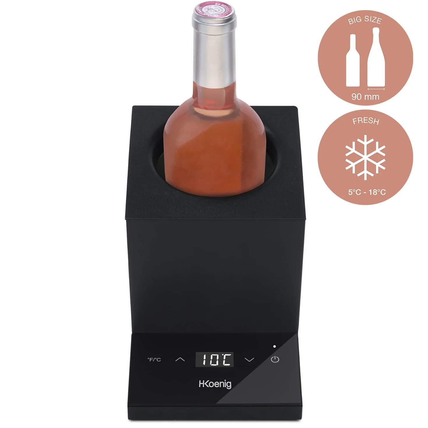 H.Koenig chłodziarka do wina LVX26, białe wino, czerwone, różowe, szampan, średnica do 9 cm, regulowana temperatura od 5° do 18° Celsjusza, sterowanie cyfrowe, Moc : 72 W