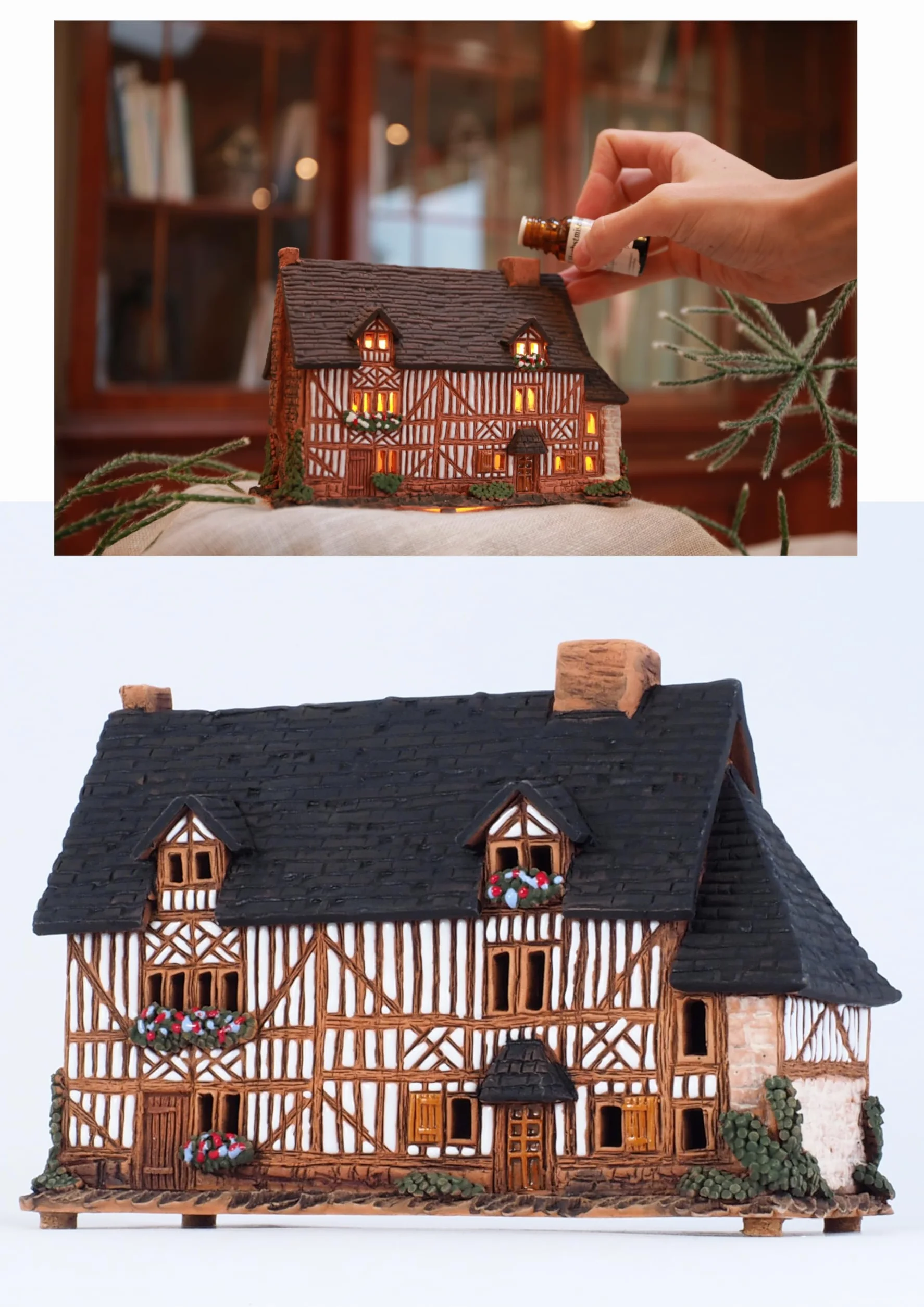 Ceramiczny domek na podgrzewacze, rękodzieło, miniaturka artystyczna, stary historyczny dom w Lisieux, Francja, B301AR