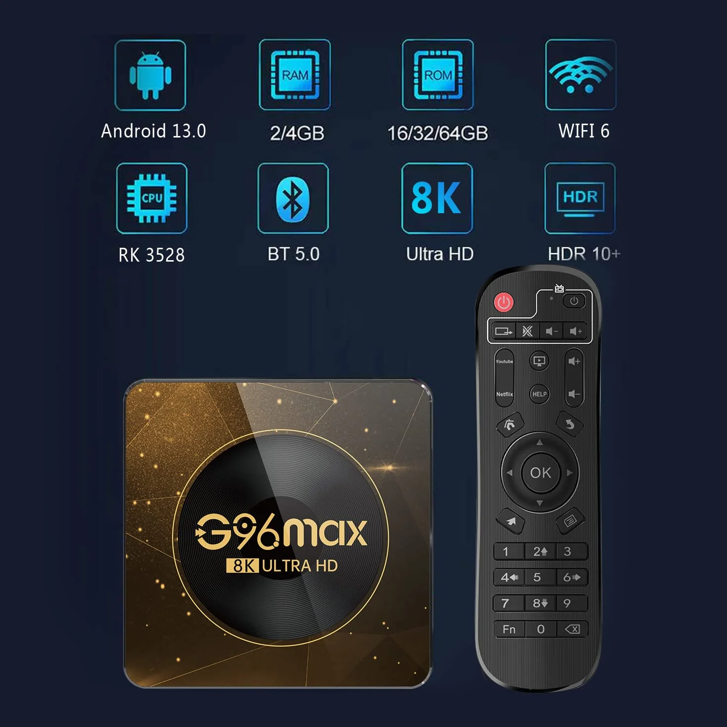 2024 Android 13.0 TV Box RK3528 4GB RAM 64GB ROM Quad-Core Cortex-A53 4K HD WiFi6 Dual-Band BT 5.0 Mini Bezprzewodowa Klawiatura 2GB+16GB