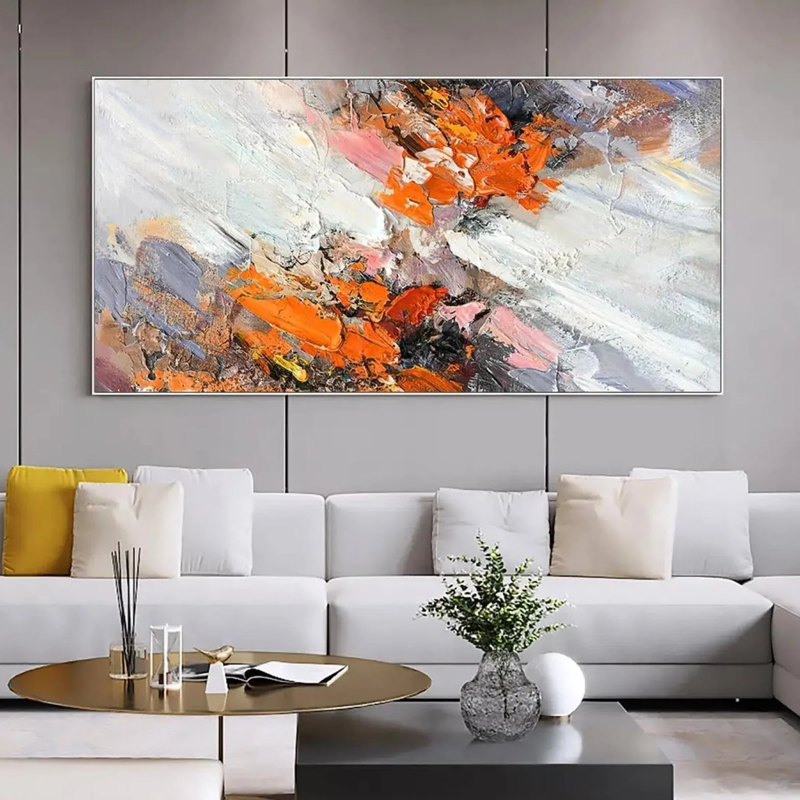 YAJNILUCK Obraz olejny na płótnie abstrakcyjny teksturowany 70 x 140 cm dekoracja ścienna