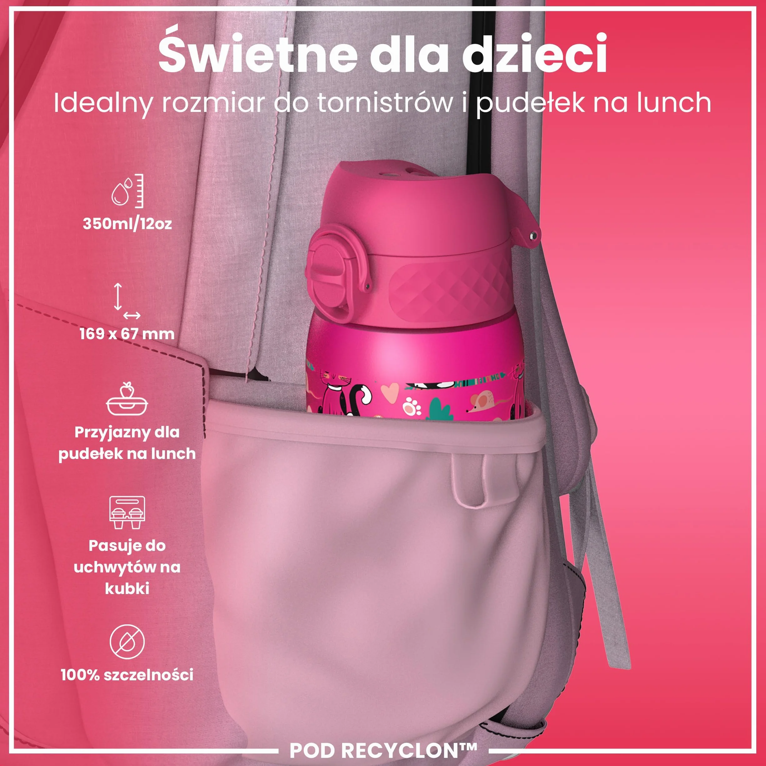 ION8 Butelka dla Dzieci, 350 ml/12 oz, Szczelna, Łatwa do Otwarcia, Bezpieczny Zamek, Można Myć w Zmywarce, Bez BPA, Uchwyt do Przenoszenia, Łatwa do Czyszczenia, Bezwonny, Koty