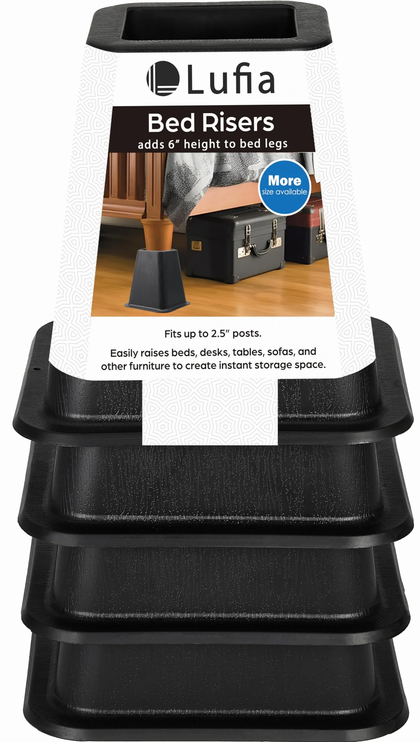 Lufia Podstawki do Mebli 15 cm Heavy Duty - Podnośniki do Łóżek, Sofy, Stołu, Krzesła lub Biurka, Zestaw 4 Sztuki (Czarny)