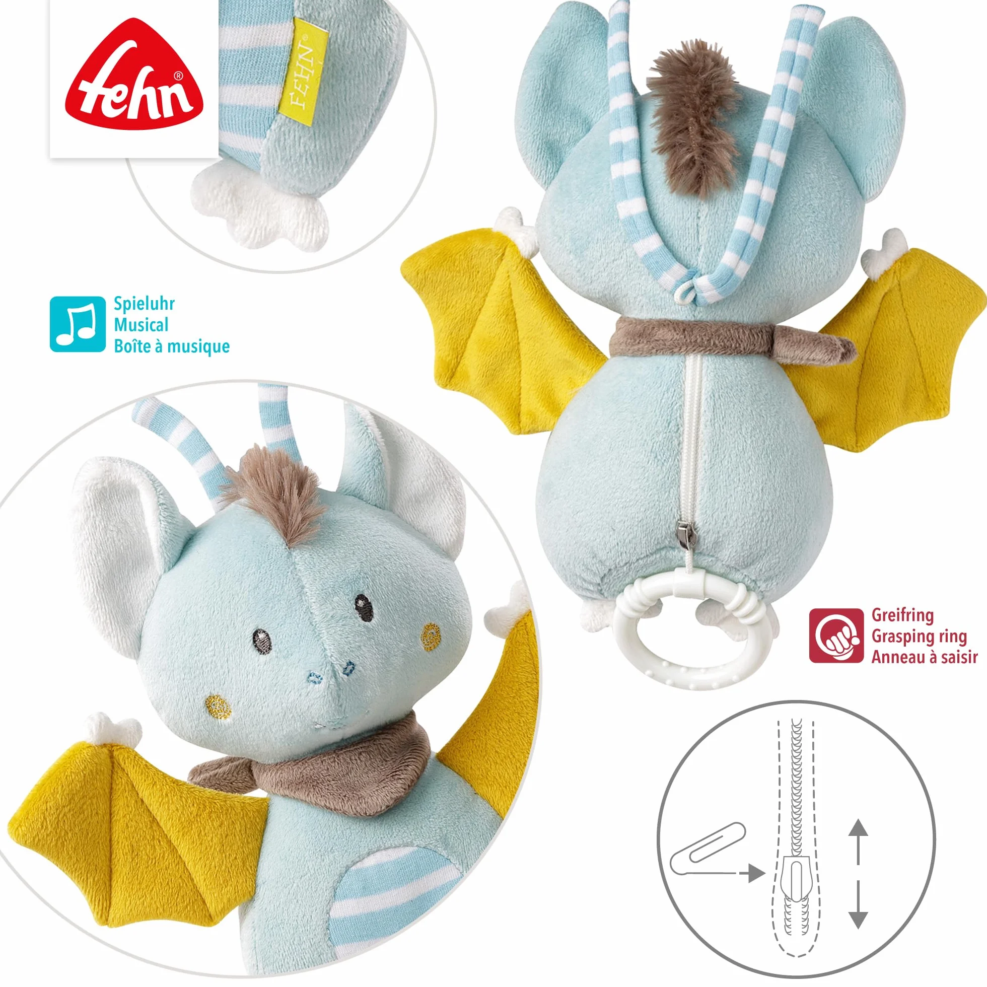 Fehn Spieluhr Fledermaus - Kuscheltier & Einschlafhilfe: Aufzieh-Spieluhr mit sanfter Melodie "Brahms Wiegenlied" beruhigt in jeder Situation – für Babys und Kleinkinder ab 0+ Monaten