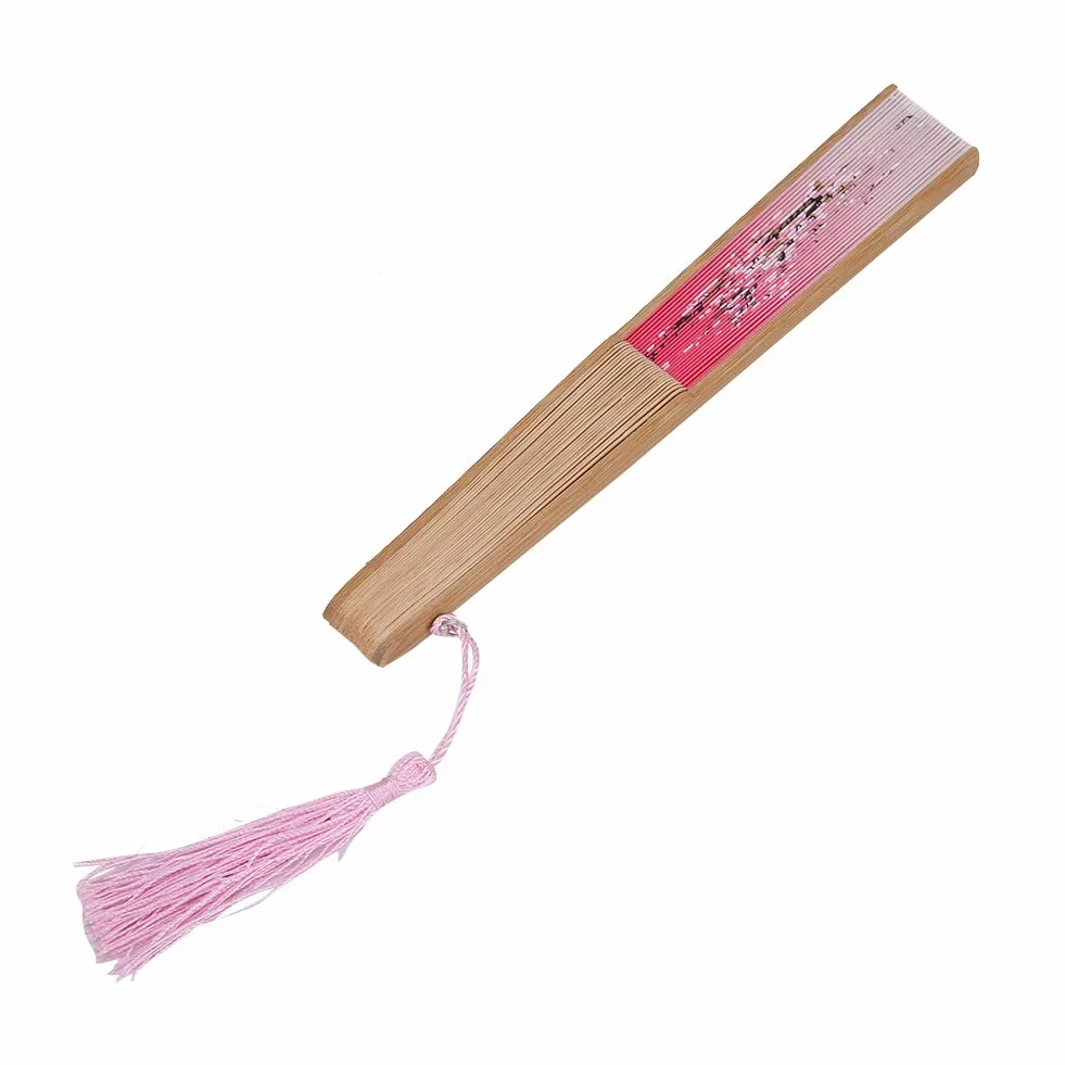 Ręczny składany wentylator, wachlarz z papieru ręcznego dla kobiet Vintage Retro letni wentylator z eleganckim pomponem, bambusowa ramka na taniec weselny Prezenty na przyjęcie kościelne Rekwizyty sceniczne. (Różowy)