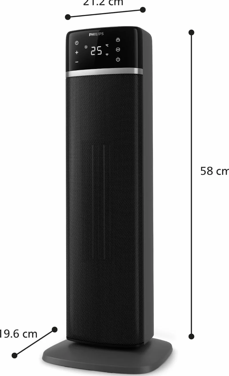 Termowentylator Philips serii 5000, energooszczędny (do 50%), podłączony do aplikacji, 2000W, wyświetlacz temp., 5 funkcji bezpieczeństwa, 4 tryby, oscylacja 60°, cichy, czarno-ciemnoszary (CX5120/11)