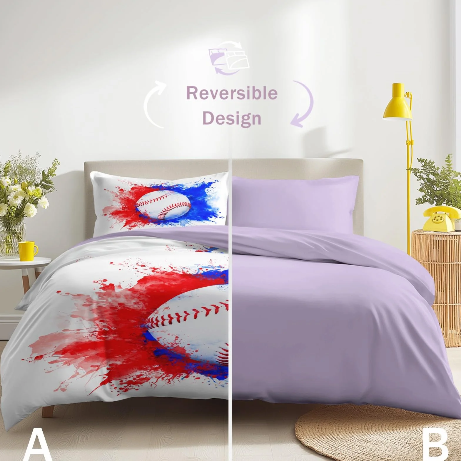 Sport Energie 4-częściowy kompletny zestaw pościeli, kolor fioletowy, 200 x 200 cm – baseballu, odwracalna pościel z mikrofibry, prześcieradło z gumką i poszewki na poduszki, miękka poszwa na kołdrę
