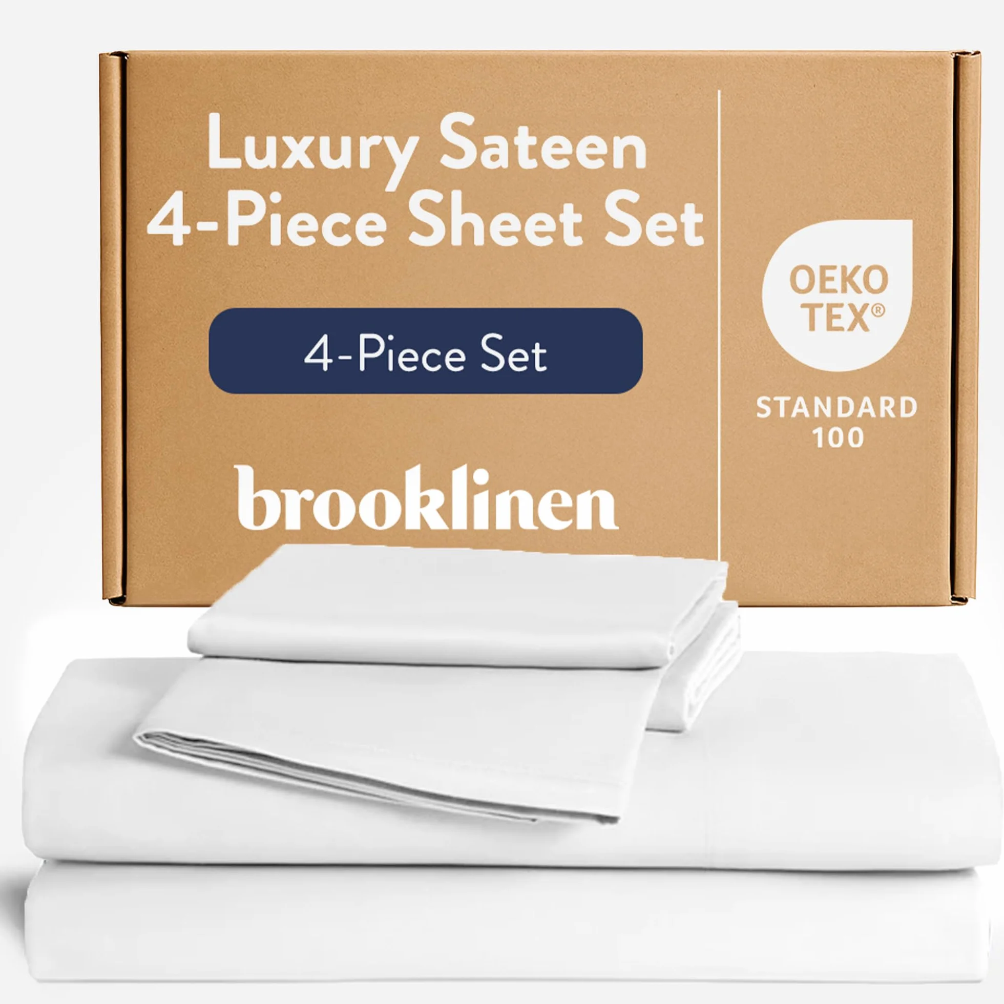 Brooklinen Luksusowy zestaw prześcieradeł satynowych, 4-częściowy, 100% bawełna, rozmiar King Size, kolor biały, 1 prześcieradło z gumką, 1 prześcieradło płaskie, 2 poszewki na poduszki