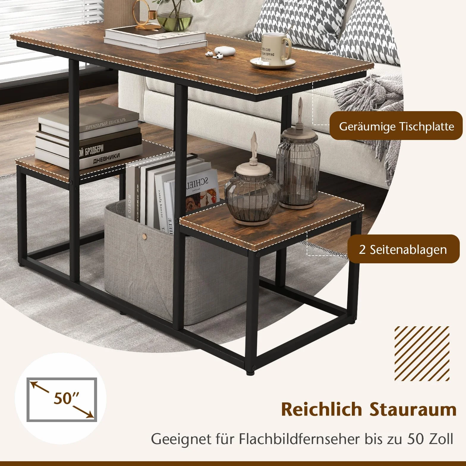 GOPLUS Konsola TV do 50" z Półkami Metalowa Rama 108x40x65 cm Rustykalny Brąz