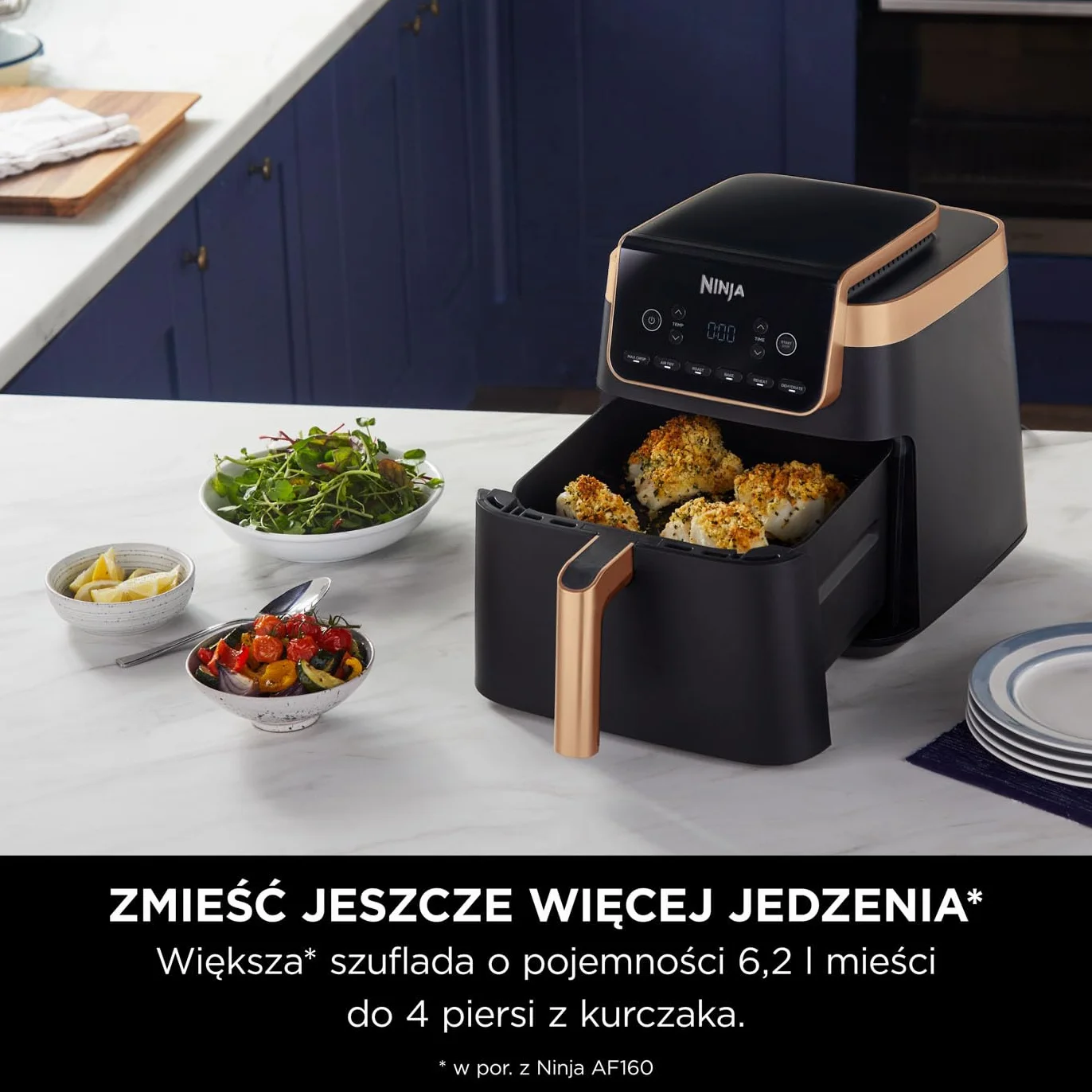 Ninja Air Fryer MAX PRO Frytkownica beztłuszczowa 6,2 l, nie używa oleju, jedna duża kwadratowa szuflada, rozmiar rodzinny, powłoka nieprzywierająca, kosz i talerz na chrupiące dania, AF180EUCP
