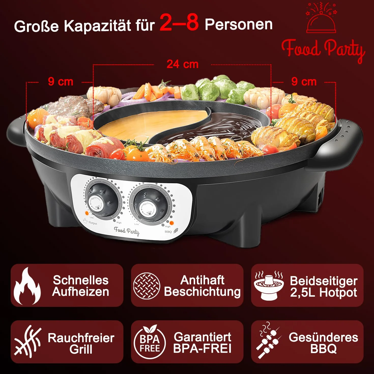 Food Party Hot Pot i grill elektryczny hotpot grill elektryczny 2 w 1, 220 V, 2200 W, do użytku wewnątrz i na zewnątrz, 42 cm, do fondue, raclette, dla 8 osób