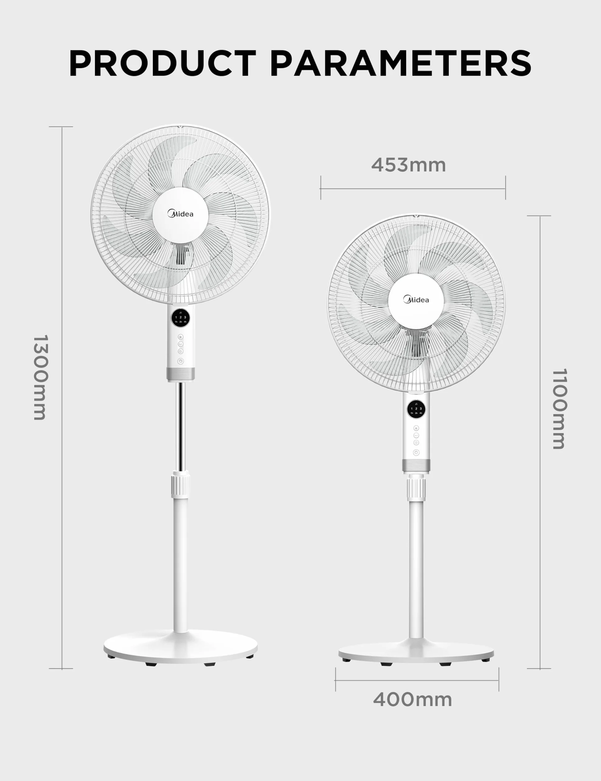 Midea MFS400R0APW 50W cichy wentylator podłogowy, 3 regulowane prędkości, 7 bionicznych łopatek, oscylacja 90°, timer 7H z pilotem zdalnego sterowania, wyświetlacz LED, mocny silnik AC, biały