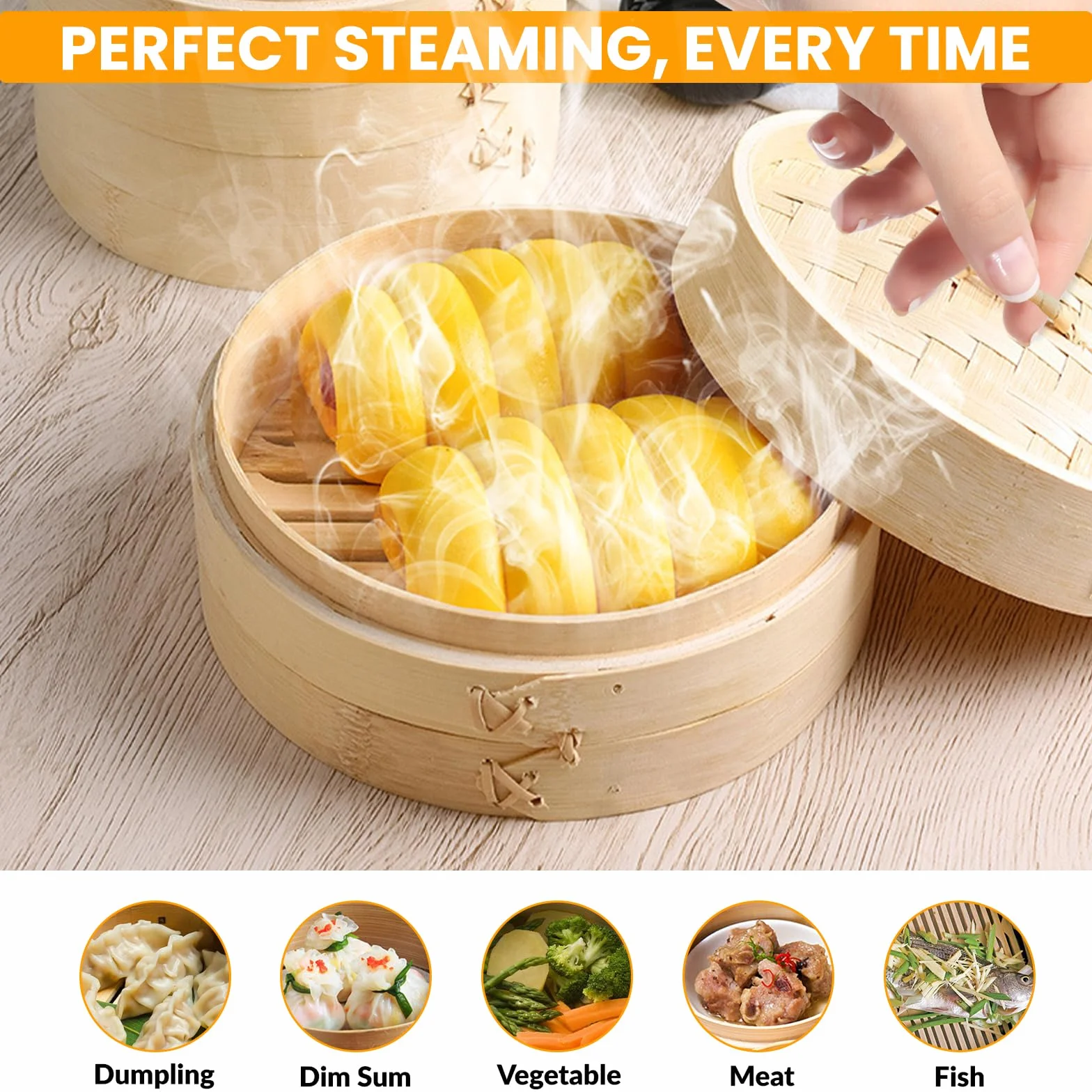 Parowar bambusowy 20 cm, 2 poziomy, do ryżu, Dim Sum, warzyw, ryb i mięsa, w zestawie 5 bawełnianych ściereczek