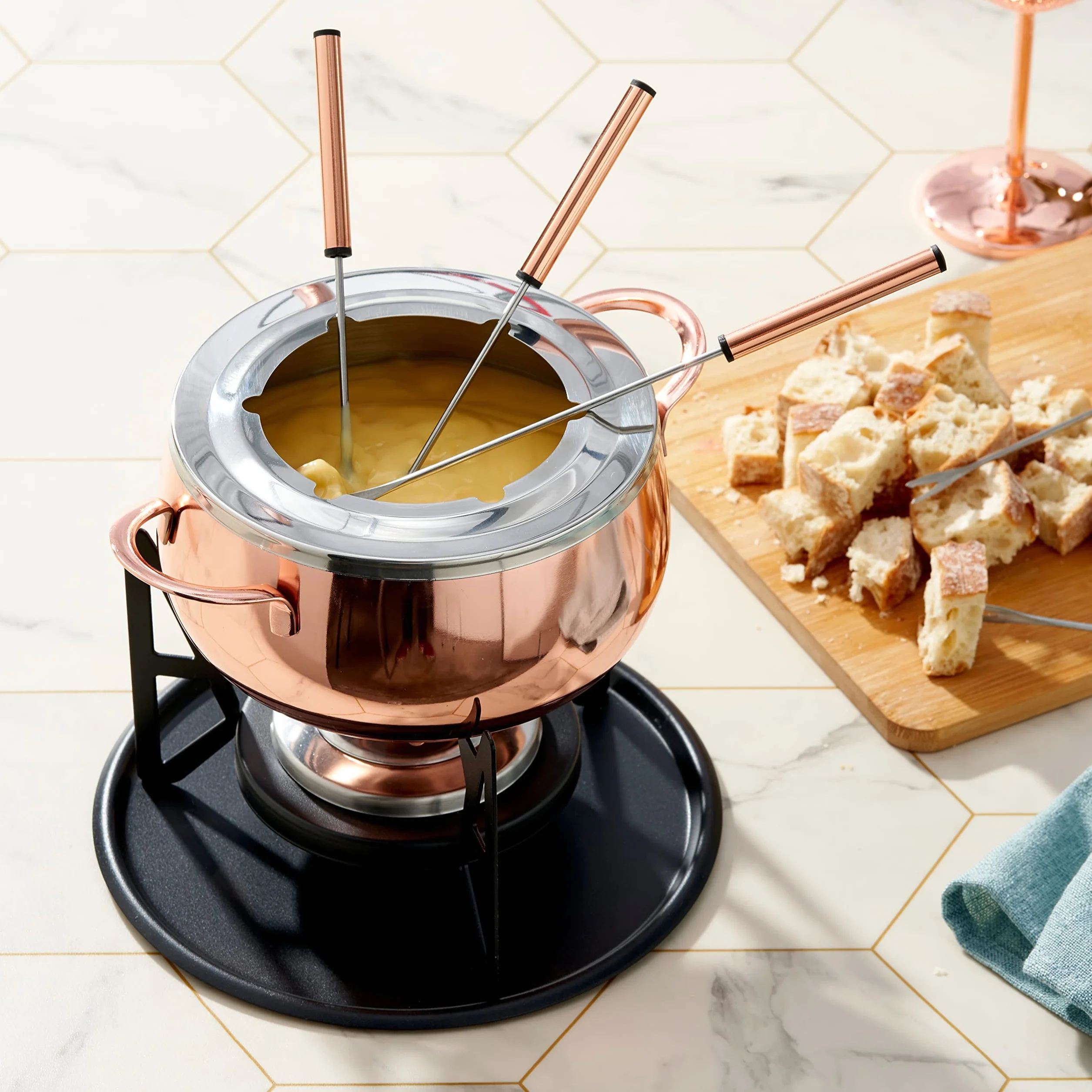 Dąb & Steel - 10 sztuk zestaw do fondue ze stali nierdzewnej, różowe złoto/miedź z pudełkiem prezentowym - czekoladki, Burgundia, ser, Savoyarda i mięso - prezent świąteczny