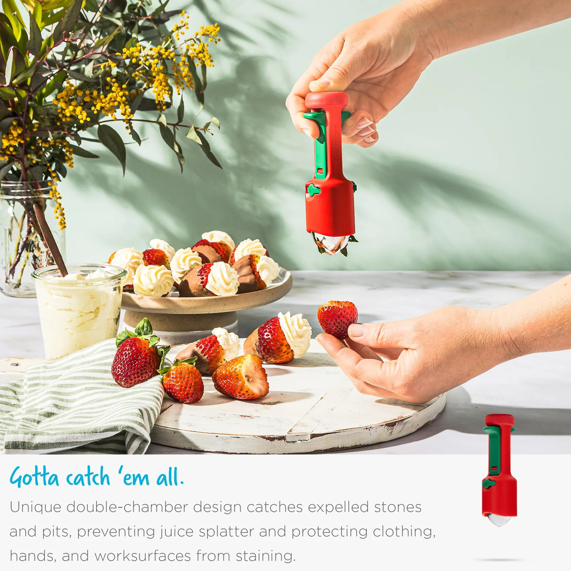 Dreamfarm Hullapit 3 w 1 Fast & Easy Strawberry Huller, Cherry Pitter & Olive Pitter - Czerwony/Zielony