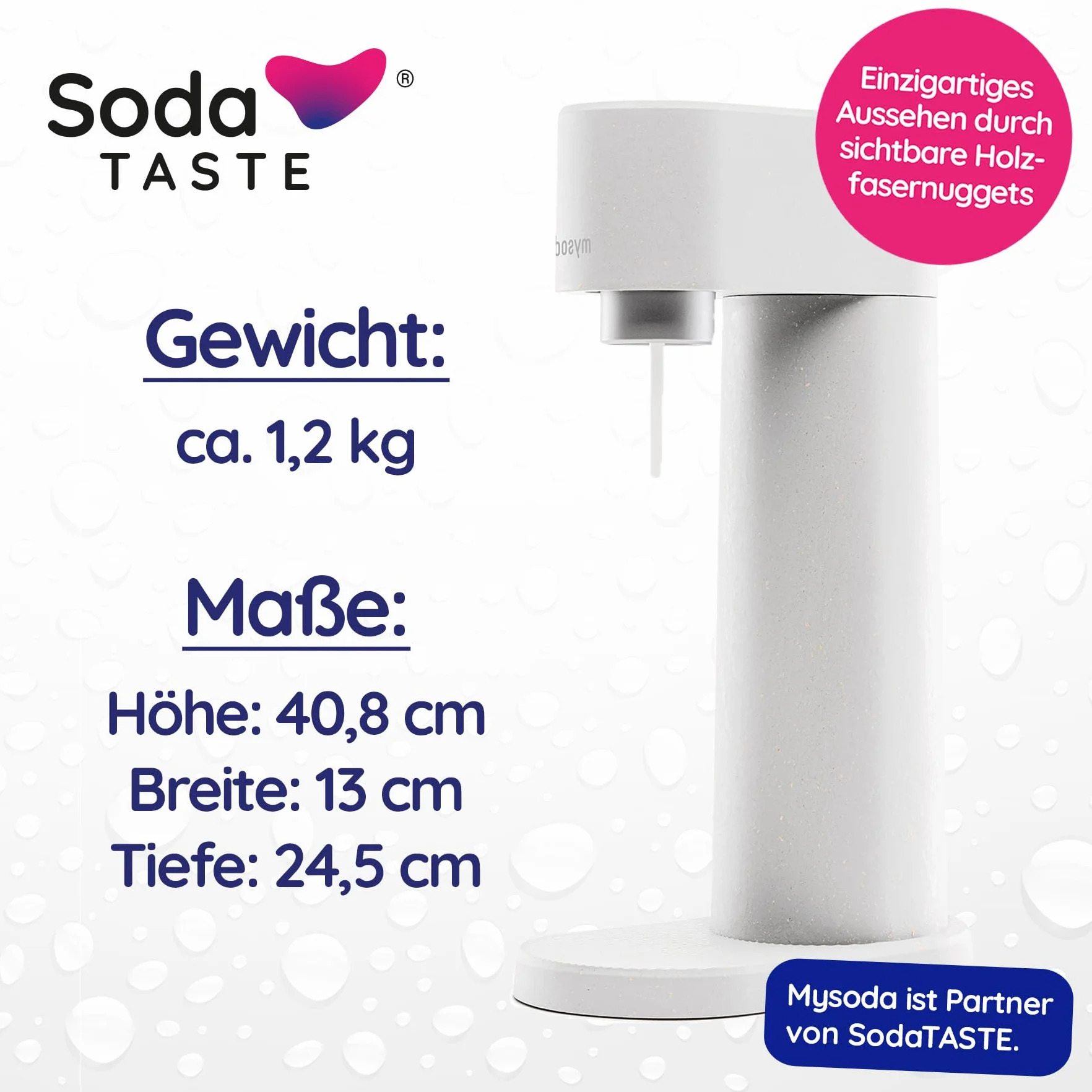 Zestaw ekonomiczny: Mysoda Woody – saturator z odnawialnego kompozytu drewnianego, z plastikową butelką o pojemności 1 l, bez BPA, cylinder CO2 Classic + cylinder CO2 jabłko (biały)