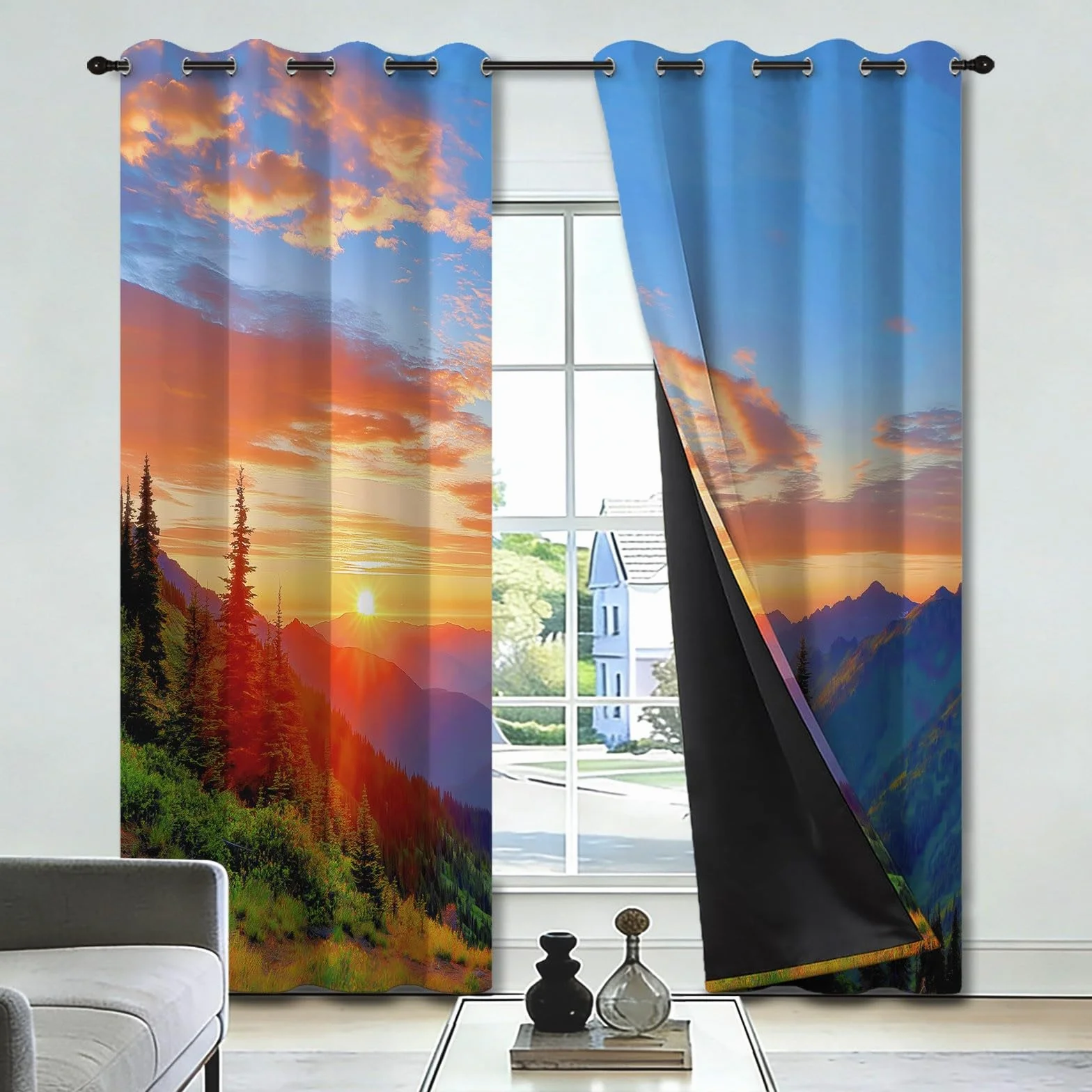 Nieprzezroczyste zasłony, 2 sztuki, wys. 260 x szer. 110 cm, las, zachód słońca, góry, miękkie zasłony termiczne z oczkami, wieczorna czerwień, do fotografii, zasłony zaciemniające do salonu, sypialni