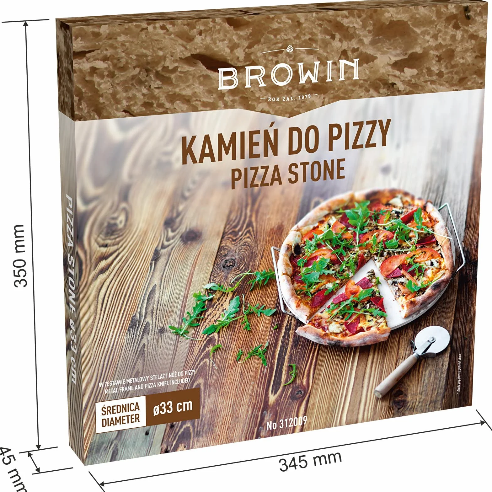 Browin 312009 Kamień do pizzy z uchwytem i nożykiem, okrągły 33 cm, kamień do piekarnika, na grilla