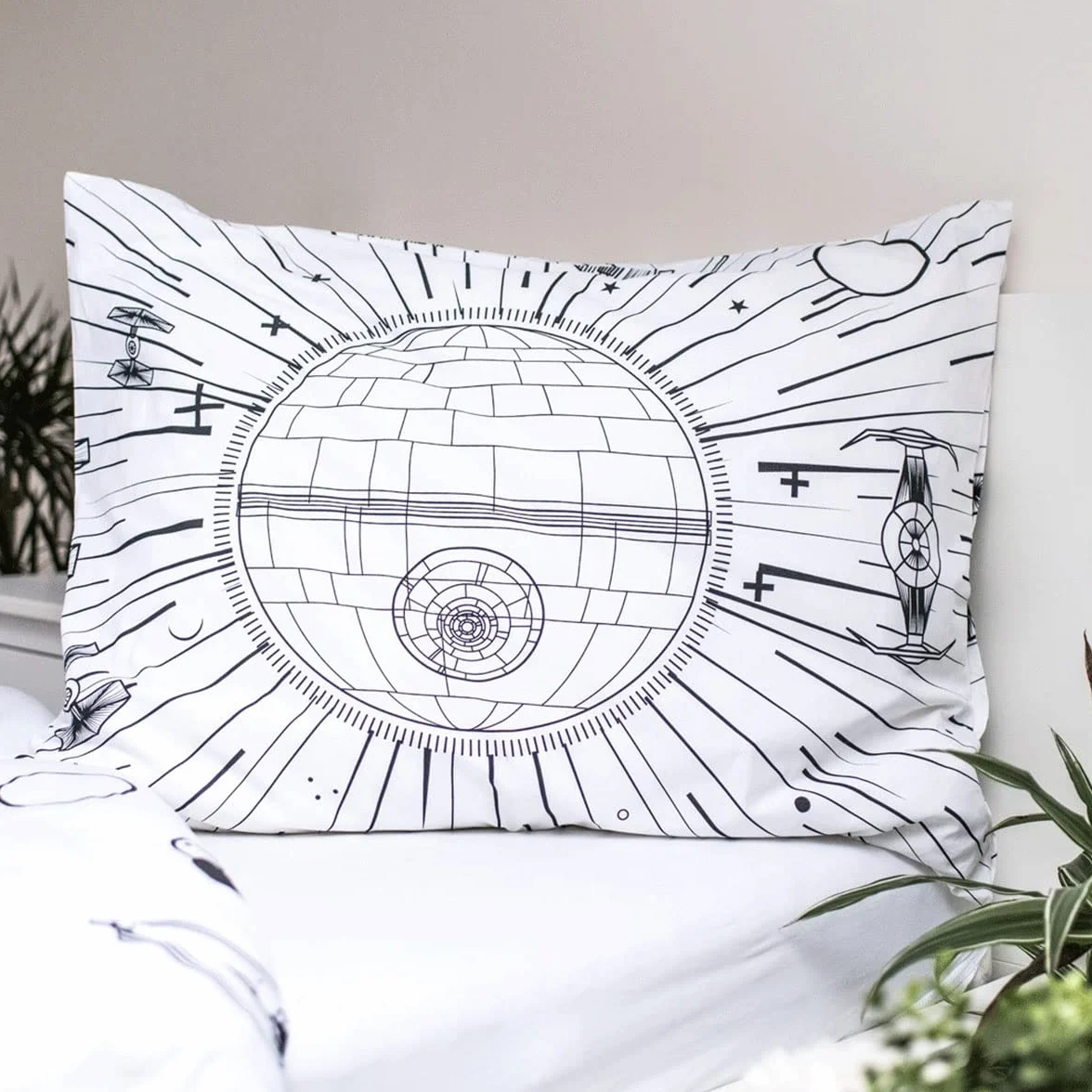 Jerry Fabrics Gwiezdne Wojny Gwiazda Śmierci Statki Kosmiczne Świecące w Ciemności Czarno-Biała Kołdra 140 x 200 cm Poszewka na poduszkę 70 x 90 cm z zamkiem błyskawicznym dla dzieci i dorosłych