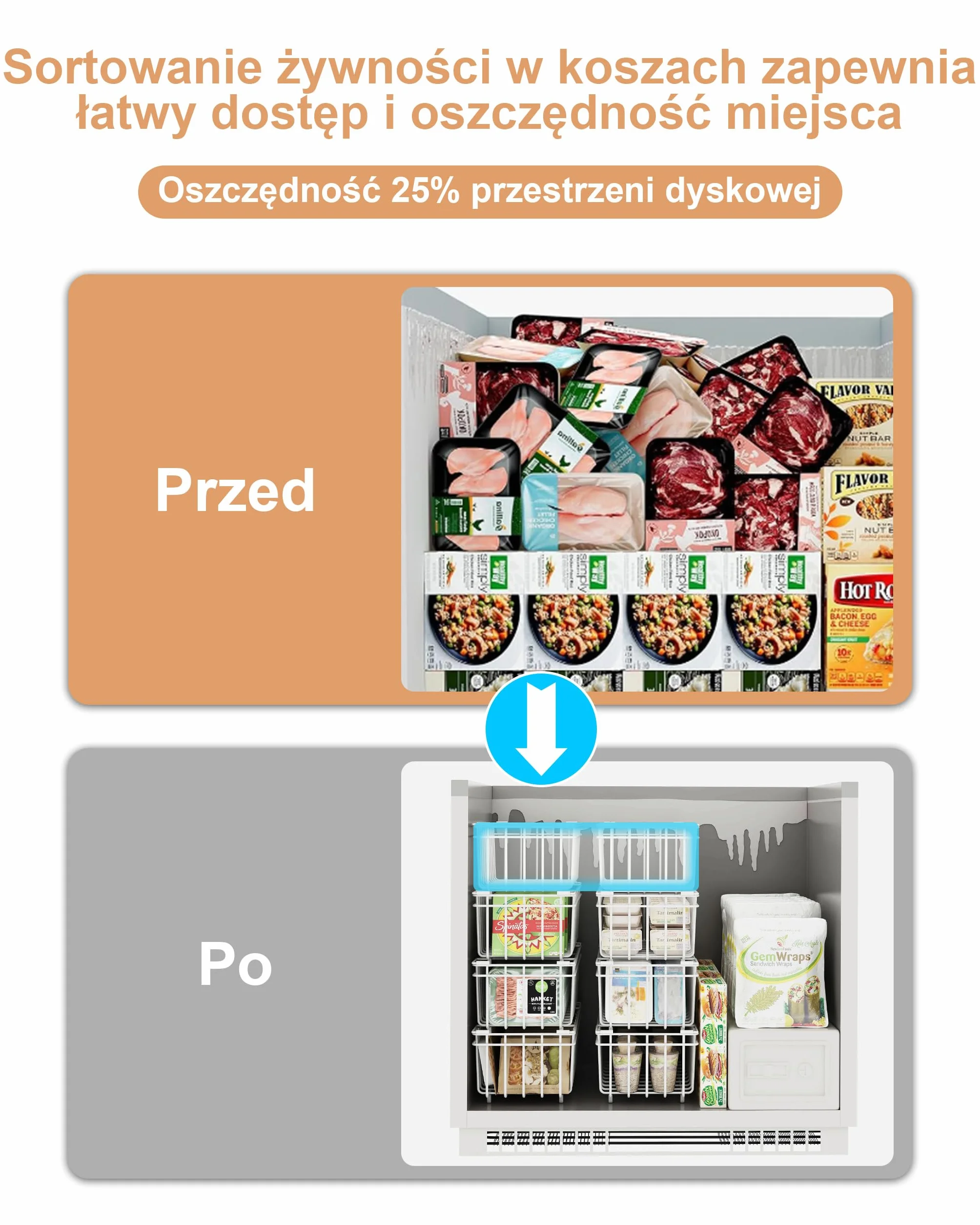 UMDONX 4-częściowy kosz do zamrażania, Biały, można układać w stos z uchwytem, łatwy dostęp, na mrożonki o pojemności 198 l, do organizacji mrożonych składników (37 x 18 x 15 cm)