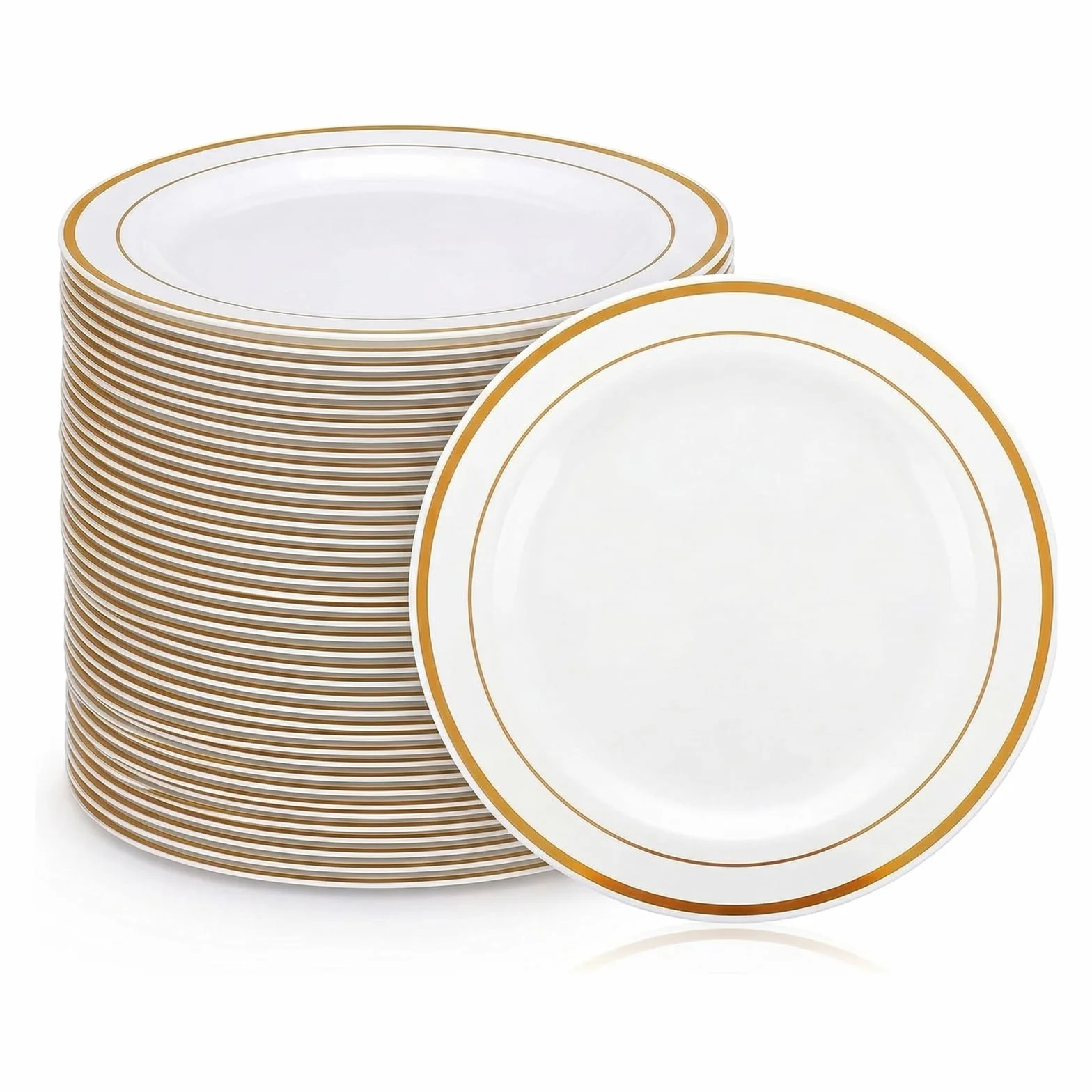 AKOLAFE 50 Sztuk Białych Plastikowych Talerzy Wielokrotnego Użytku, 20 cm, Ze Złotą Krawędzią, Stabilne, Z Twardego Tworzywa Sztucznego