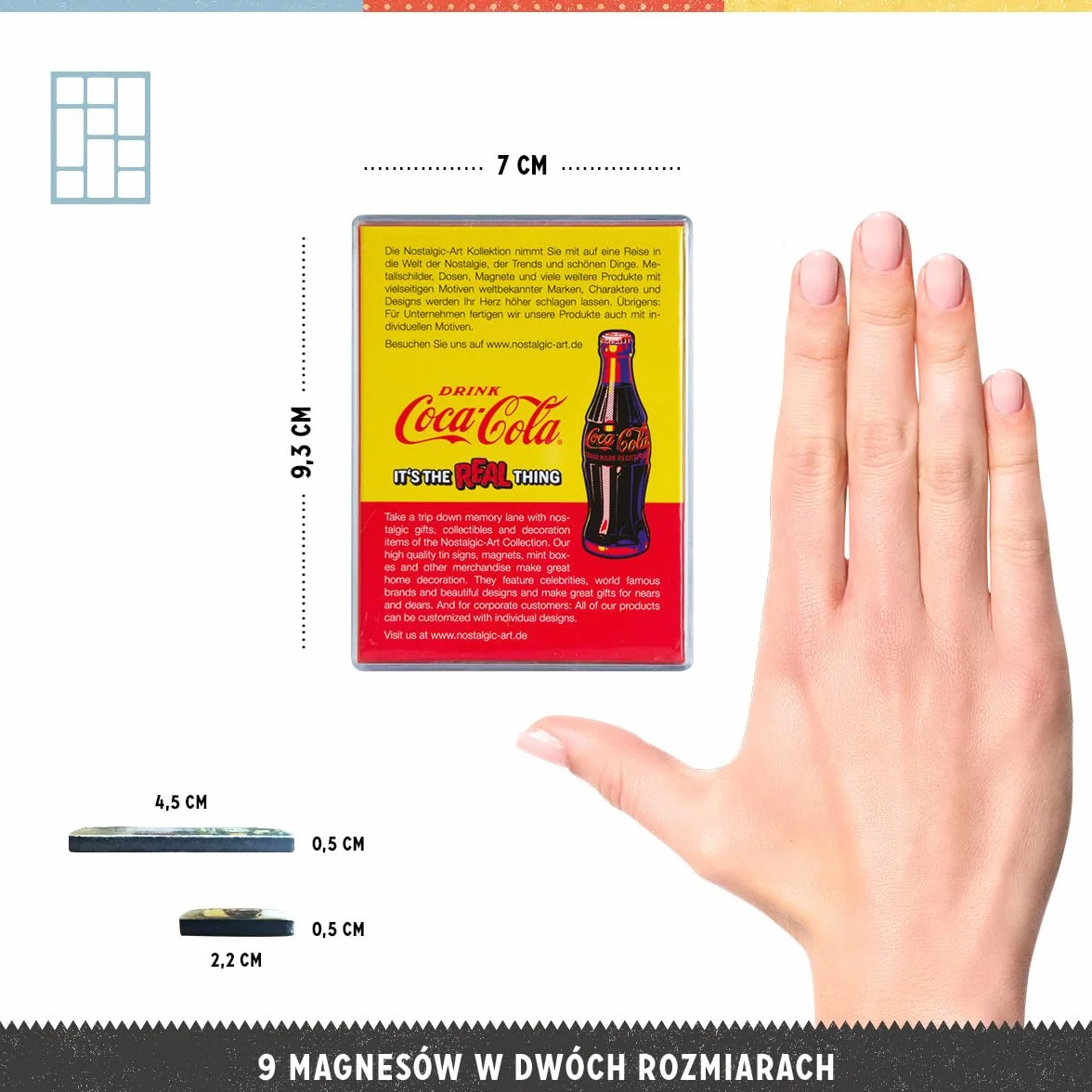Nostalgic-Art Retro magnesy na lodówkę, 9 sztuk, Coca Cola – Pop Art – Pomysł na prezent dla miłośników Coca-Coli, Official License Product (OLP), zestaw magnesów, Styl vintage