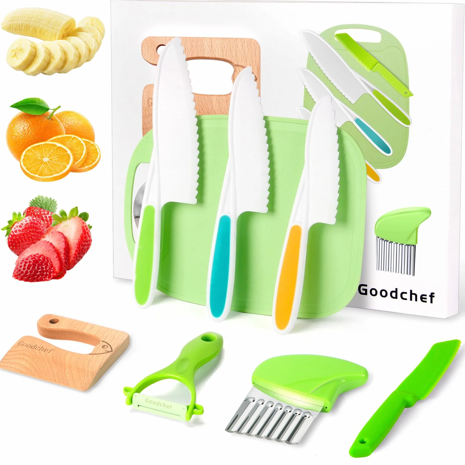Goodchef - Montessori zestaw noży dziecięcych, 8-częściowy zestaw noży drewnianych, noże dla dzieci od 2 lat, nie zawierają BPA, bezpieczny nóż do nauki, narzędzie tnące, zestaw do gotowania dla