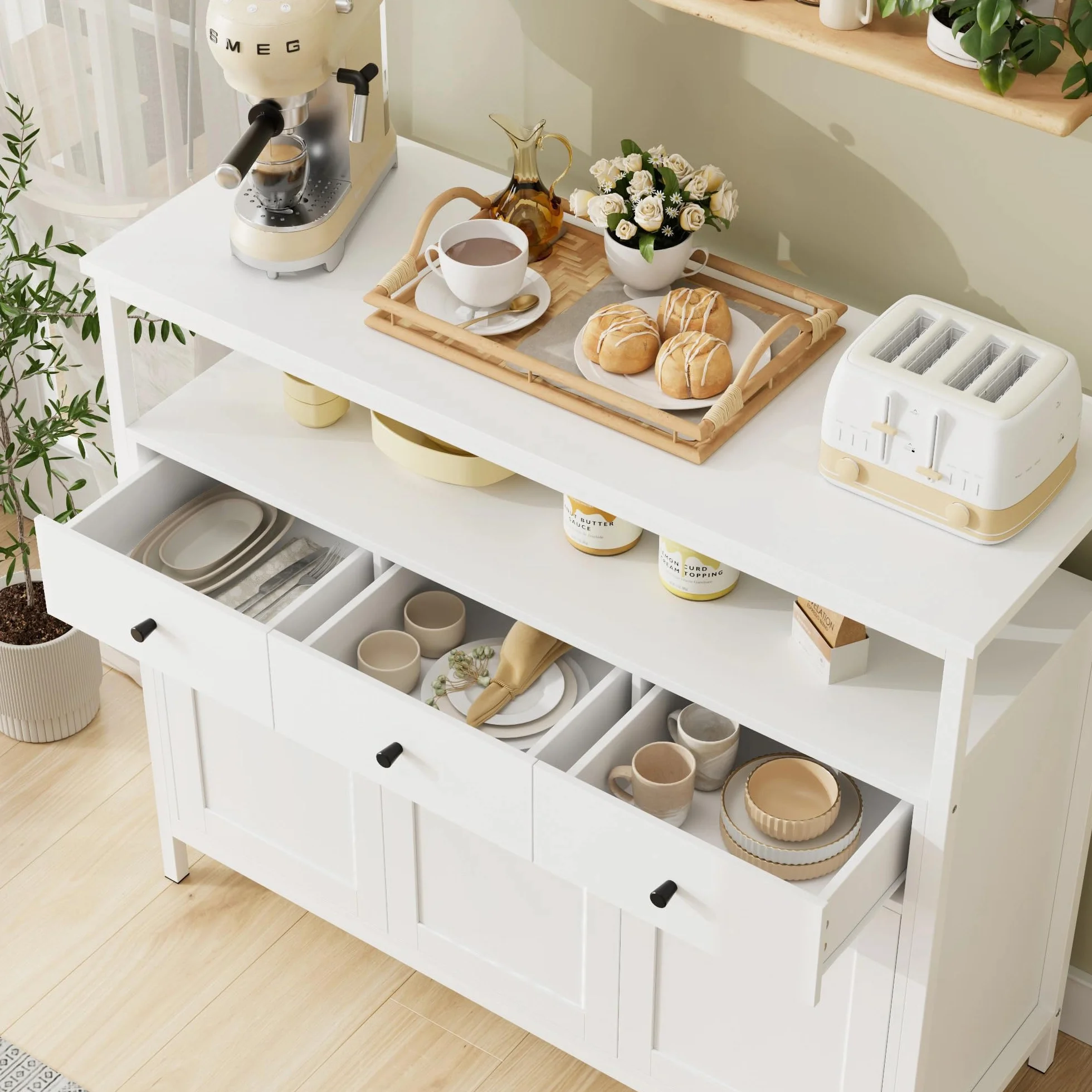 FirFurd Kredens, szafka kuchenna z 3 szufladami, 3 drzwi, komoda kuchenna, szafka bufetowa do kuchni, salonu, jadalni, regulowana półka, 108x38x98.5cm, biały