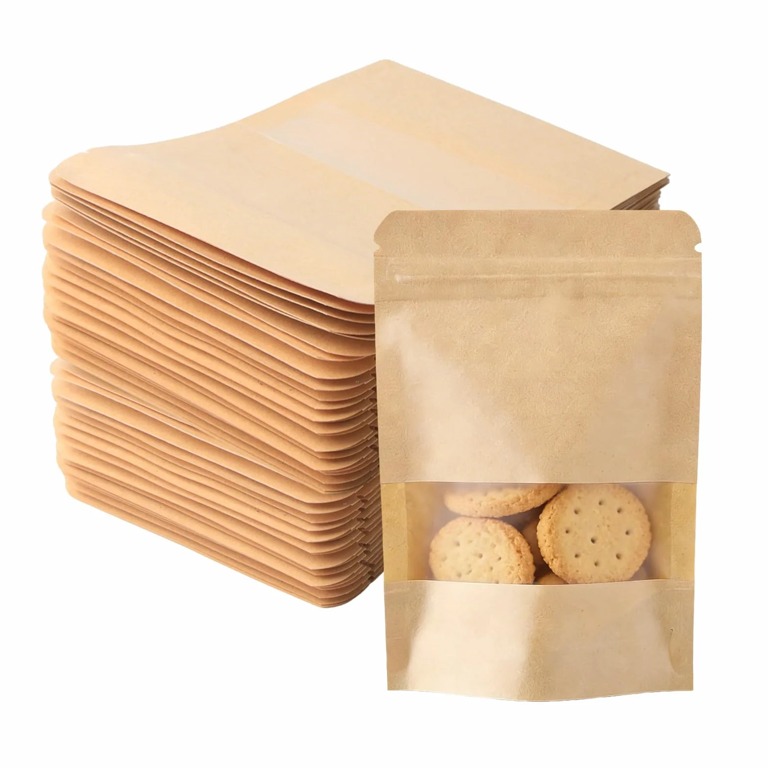 120 sztuk torebek papierowych z okienkiem, 10 x 15 cm, torebki z papieru typu kraft, torebki wielokrotnego użytku, brązowe na słodycze, orzechy, ziarna kawy, przyprawy, liście herbaty