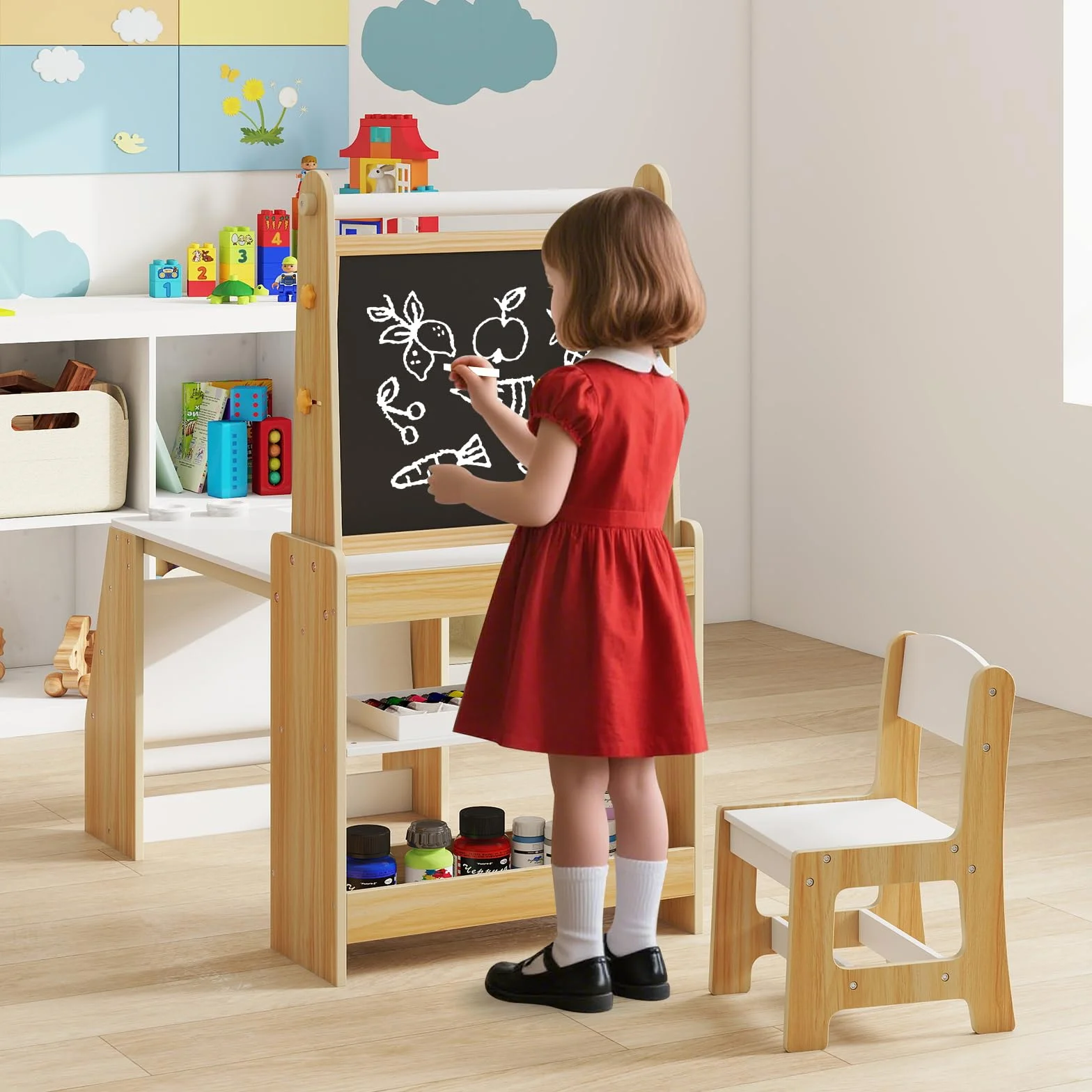 COSTWAY Stół dziecięcy z krzesłem i sztalugą, zestaw mebli do siedzenia dla dzieci z drewna z tablicą suchościeralną, tablicą do pisania kredą i regałem na książki, stół malarski z rolką papierową i