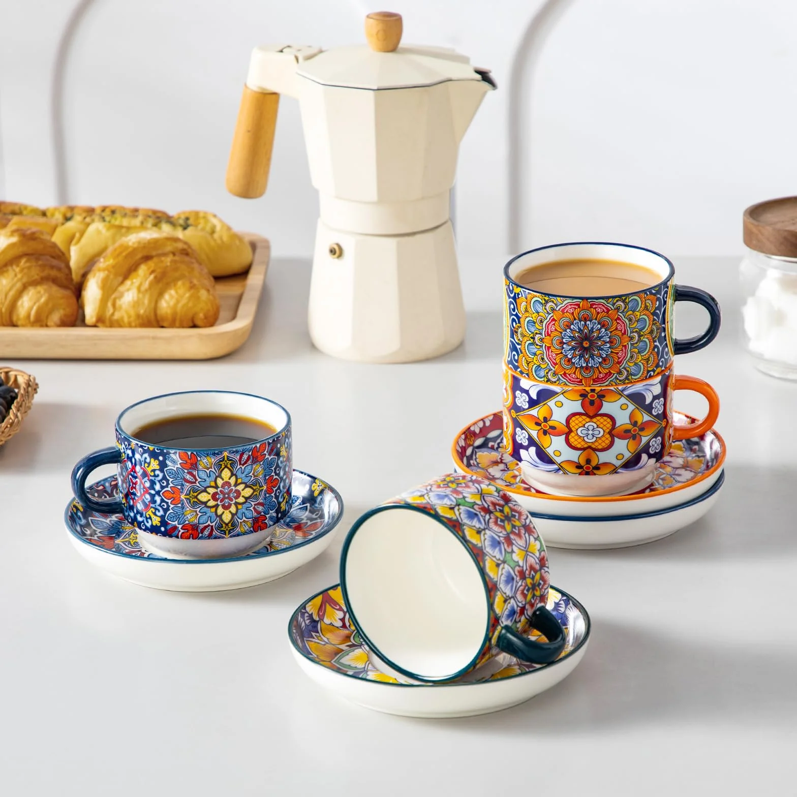 Vancasso zestaw filiżanek do espresso, 4-częściowy, 270 ml, duże filiżanki do espresso, grubościenne z spodkami i podstawką, można układać w stos, filiżanki do espresso z porcelany, kubki do mokki