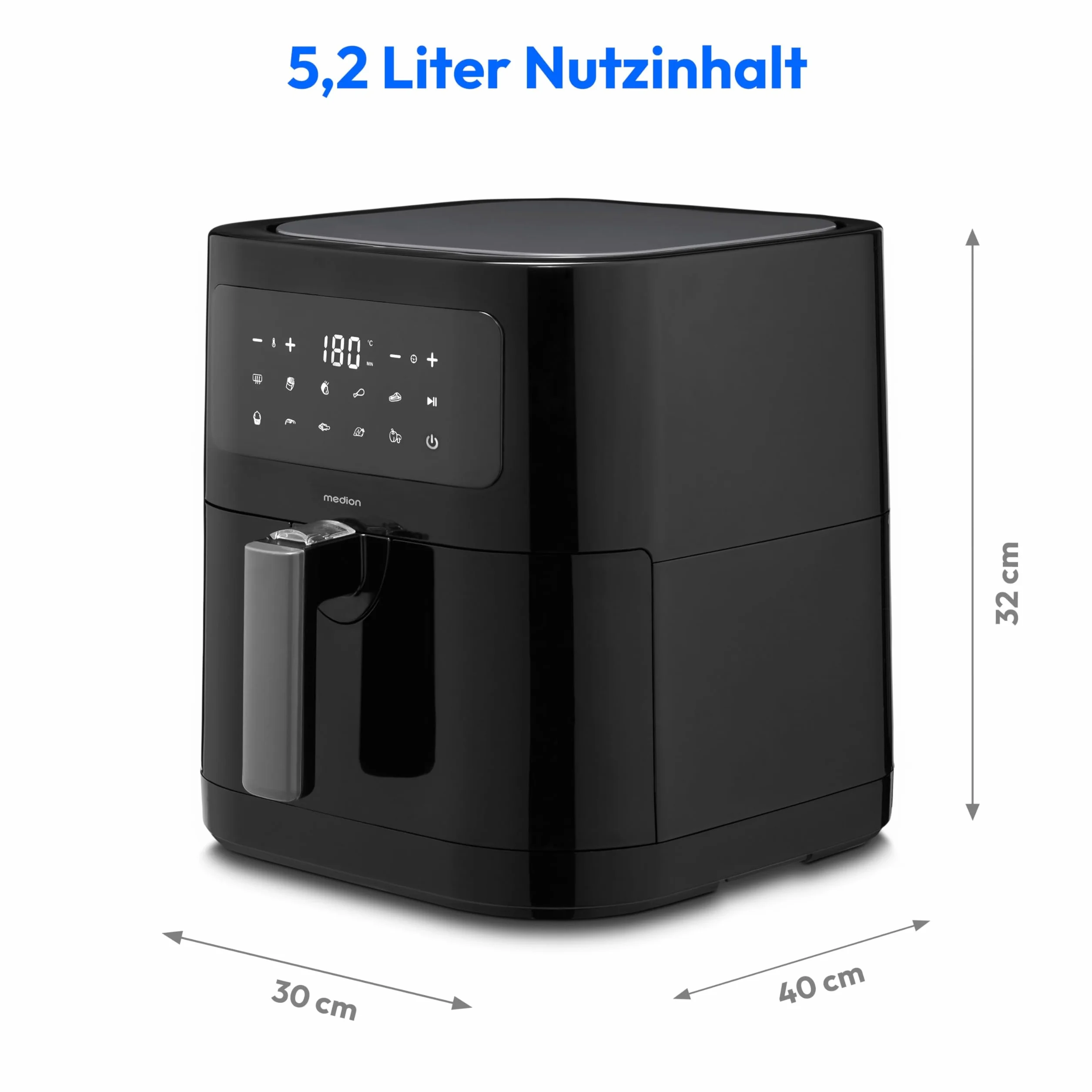 MEDION Frytkownica na gorące powietrze E40 XL (kosz XXL 5,3 l, 2150 W, 9 automatycznych programów, funkcja gotowania, smażenie bez oleju, dotykowy panel sterowania, wyświetlacz LED), kolor czarny