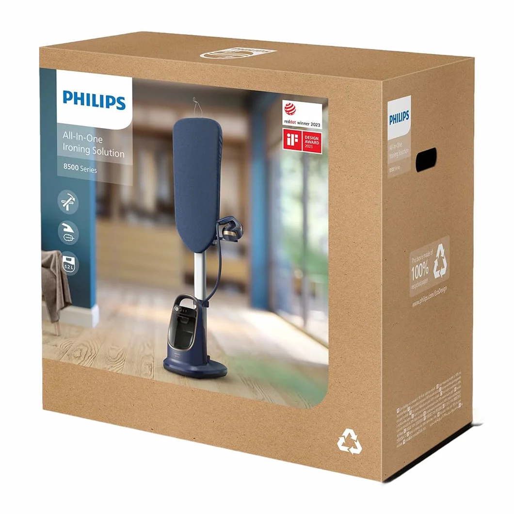 Philips All-in-One Zestaw do Prasowania 8500 – Deska z Regulacją Kąta, Technologia OptimalTEMP, Odłączana Podstawa, Zabija 99,9% Bakterii i Roztoczy, Ciemnoniebieski (AIS8530/20)