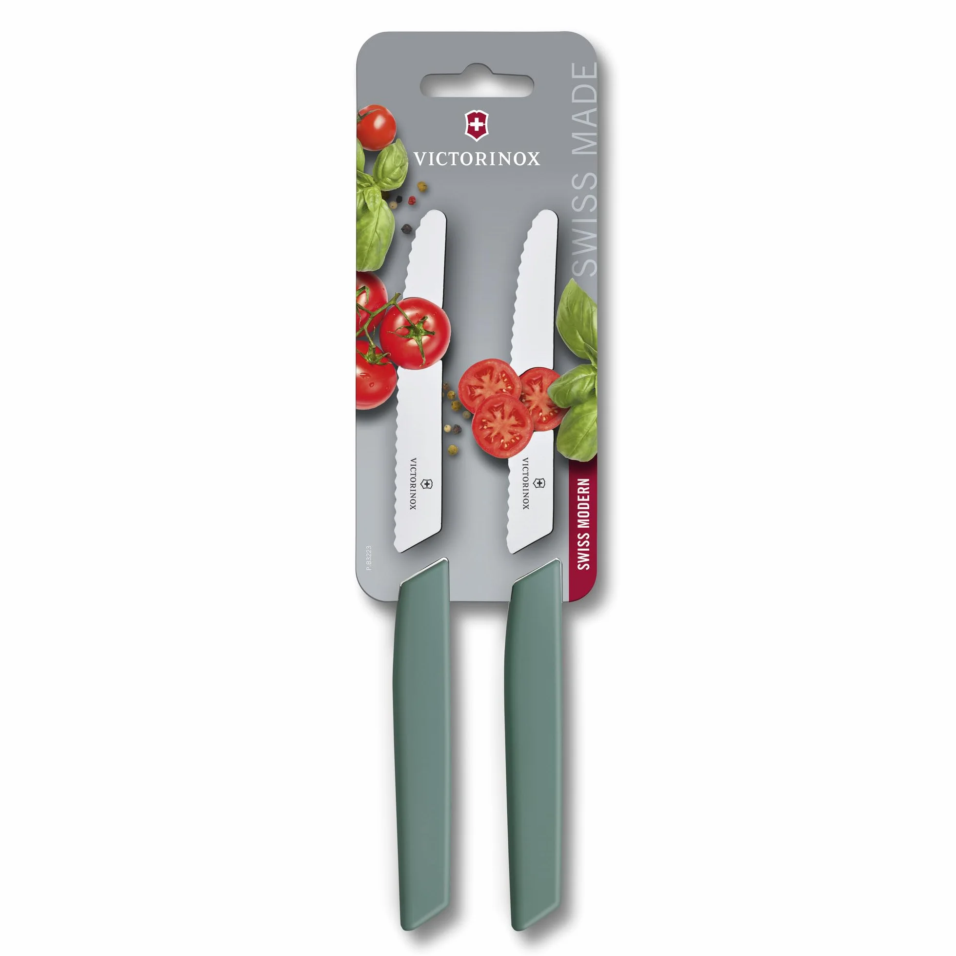 Victorinox Swiss Nowoczesny, 2-częściowy zestaw noży do pomidorów i stołów, 11 cm, bardzo ostre ostrze faliste, nadaje się do mycia w zmywarce, szałwia
