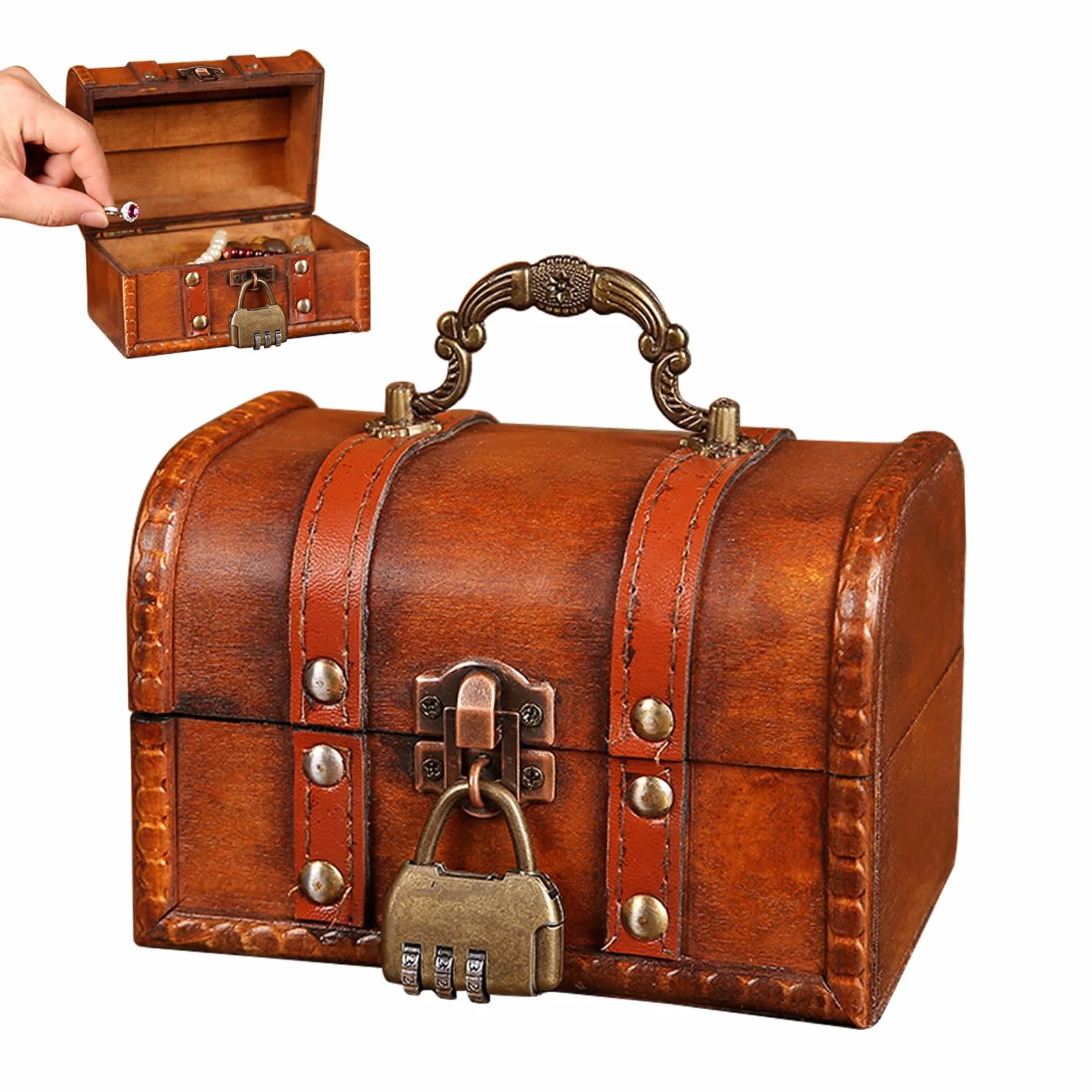 Drewniana skrzynia na skarby vintage z zamkiem 14,5 x 10 x 10 cm