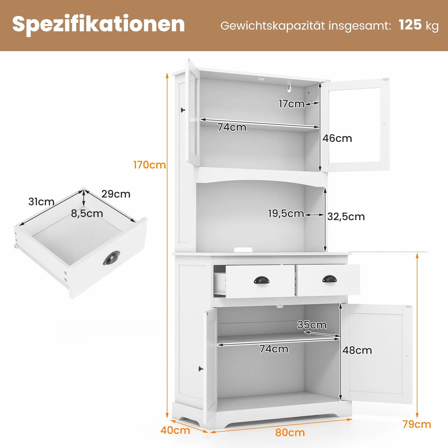 COSTWAY Szafka kuchenna wysoka 4 drzwi 2 szuflady blat roboczy regulowane półki 80x40x170 cm biała