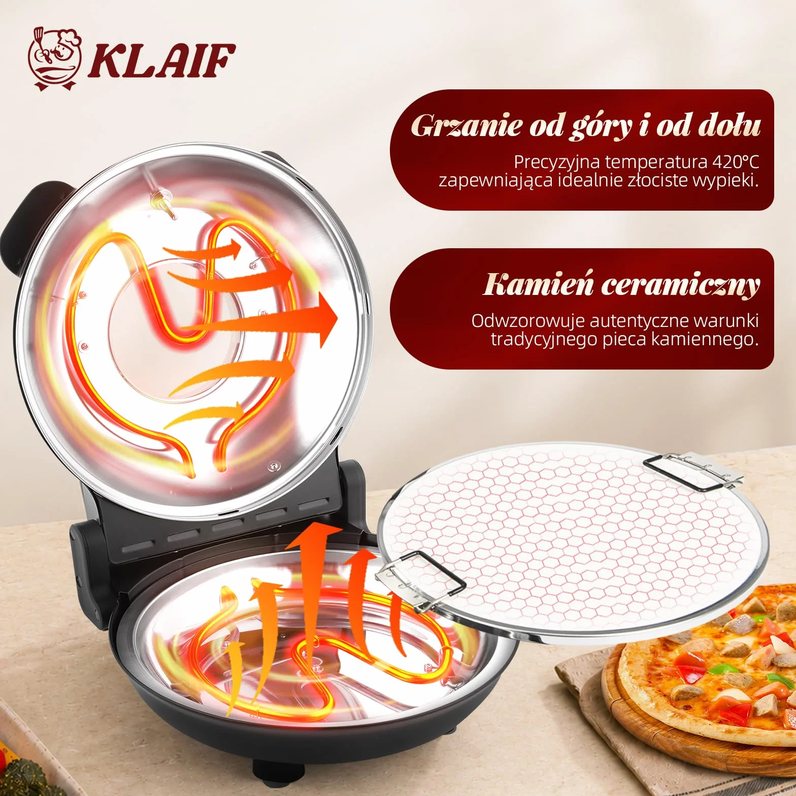 Klaif Elektryczny Piec do Pizzy, Termometr Widoczny & Szklane Okno, Ekspresowa 4-minutowa Piec do Pizzy z Kamieniem Ceramicznym 31cm, 5 Ustawień Temperatury (max 420°C), 1200W, LM-Czarny