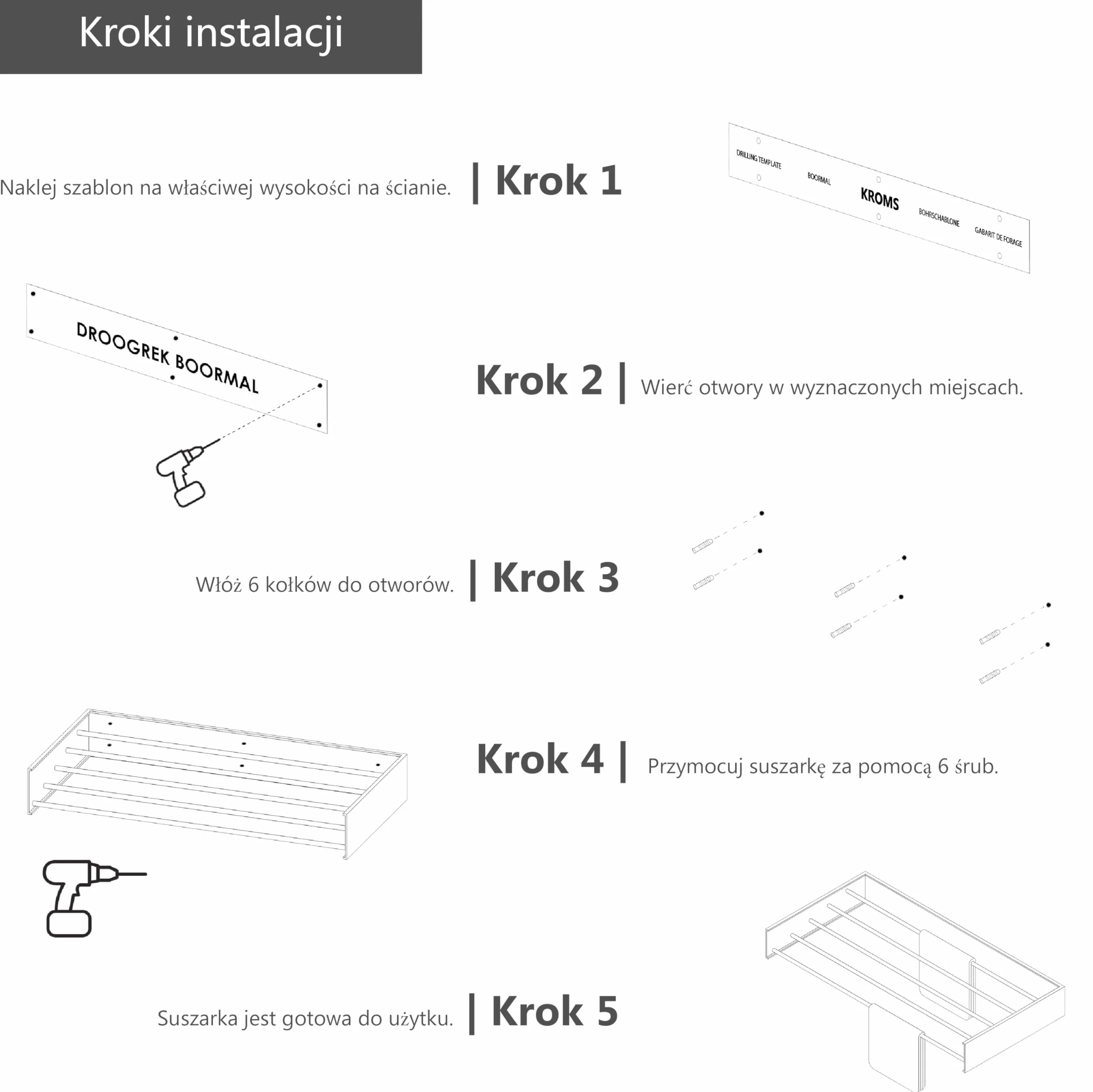 Suszarka ścienna składana Full Color czarna 100 cm aluminiowa – 6 m długości suszenia – Zawiera szablon montażowy – Suszarka na pranie – Suszarka do ubrań na ścianę – Mocowana na ścianie