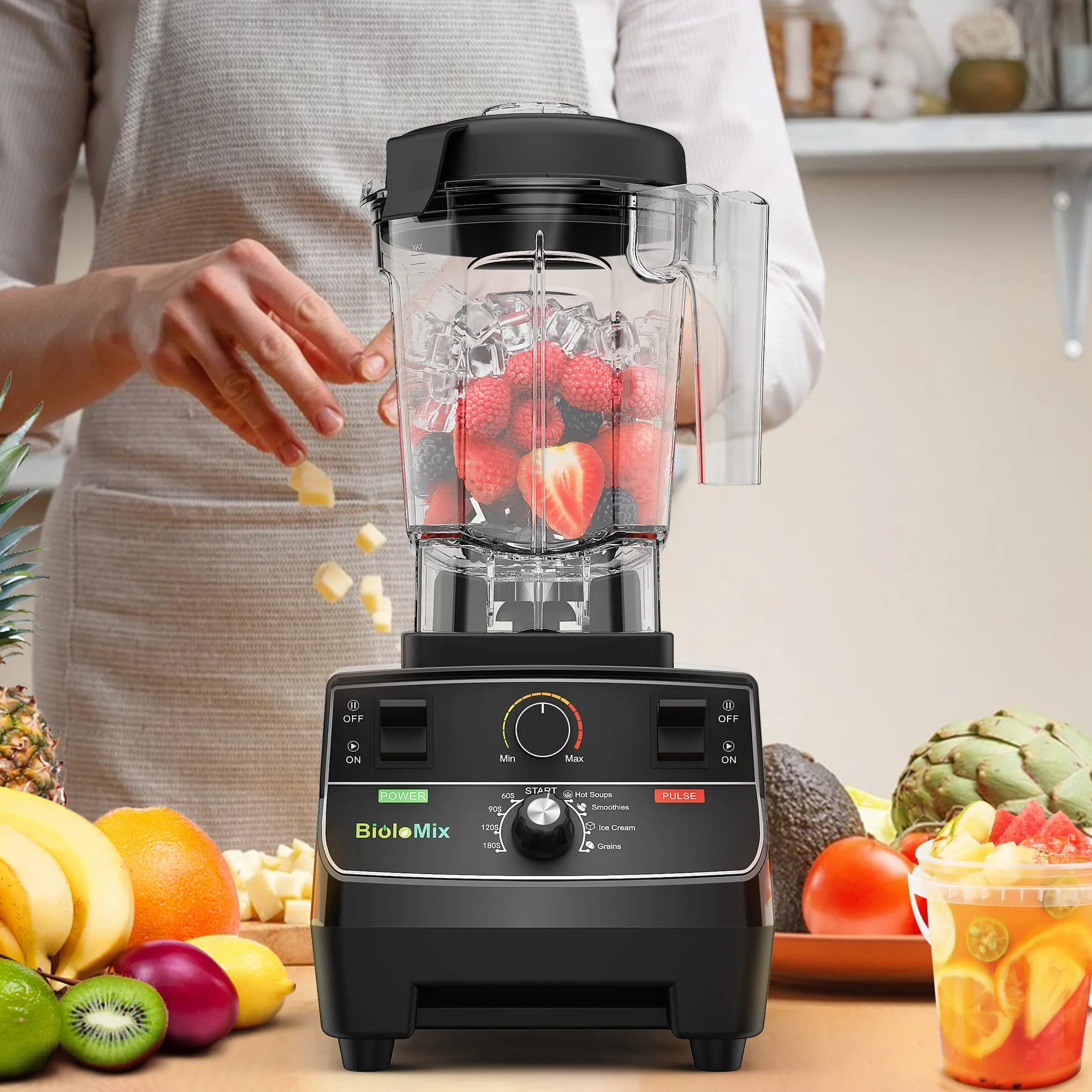 BioloMix Mikser o wysokiej wydajności 2200 W, funkcja samoczyszczenia | mikser stojący pojemnik 2 l i kubek podróżny o pojemności 600 ml, nie zawiera BPA