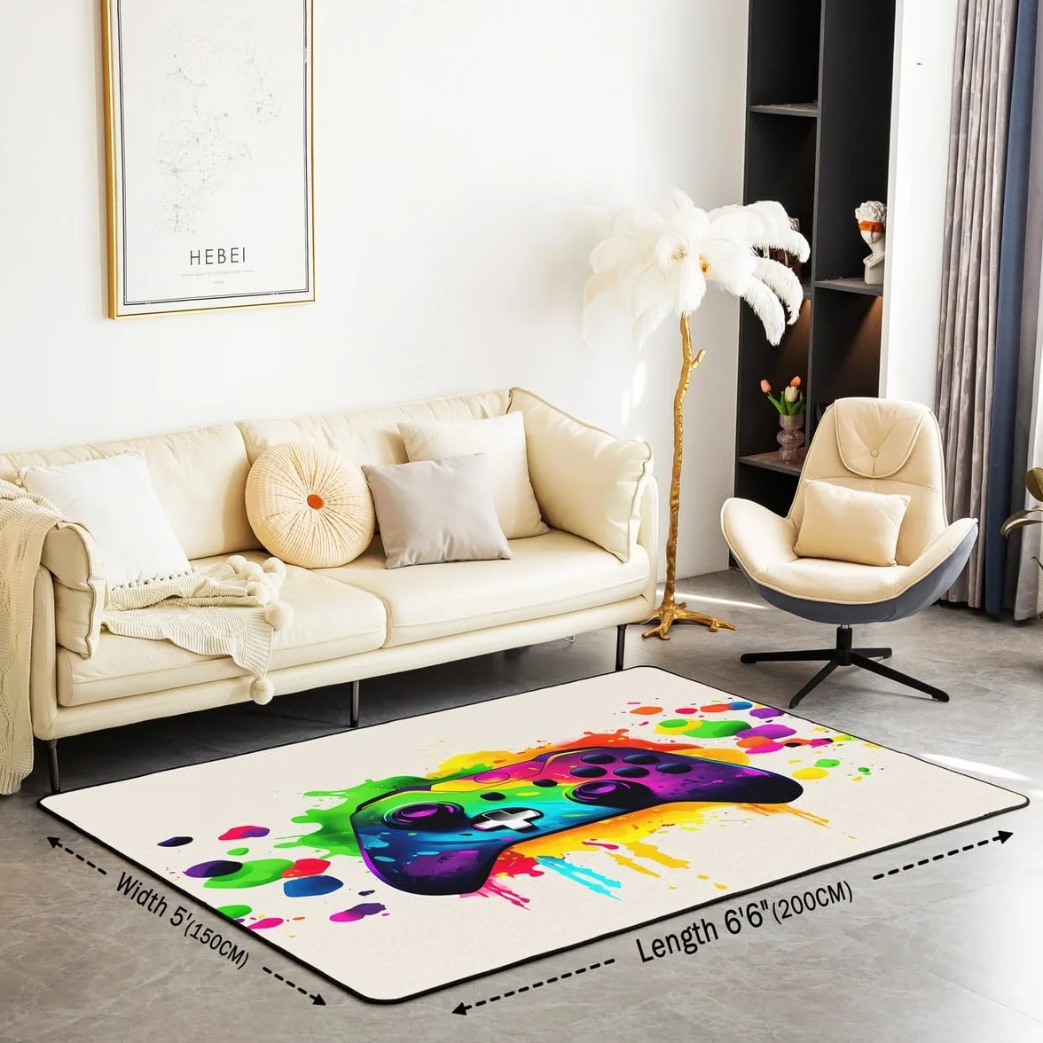 Loussiesd Dywan do salonu dla graczy, 150 x 200 cm, gamingowy dywan akcentujący dla chłopców, dziewcząt, nastolatków, nowoczesny kontroler konsoli do gier, mata podłogowa, joystick, beżowa,