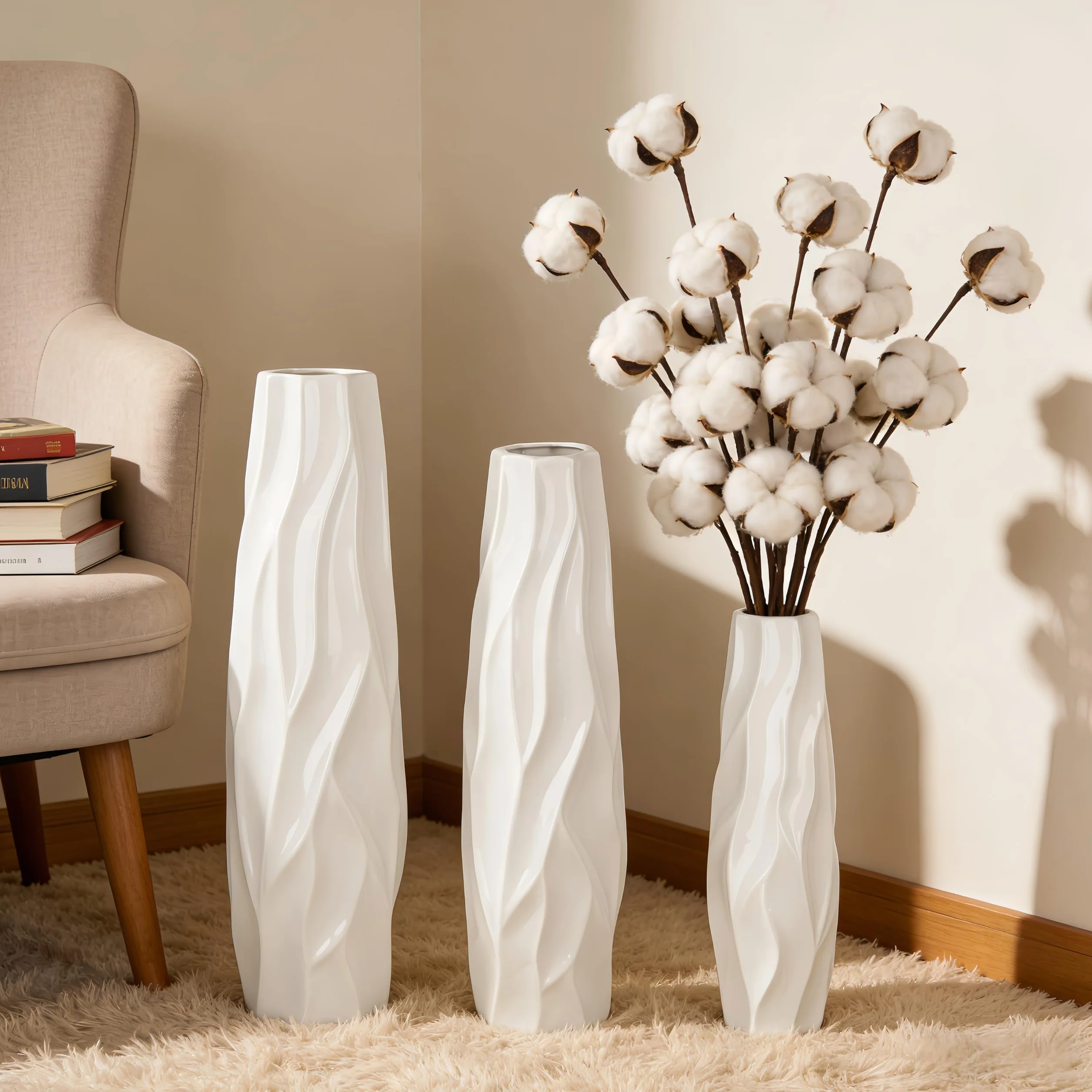 Duży biały wazon ceramiczny, 60 cm, dekoracyjny wazon podłogowy do salonu, biura i sypialni, stylowy wazon na kwiaty na trawę pampasową