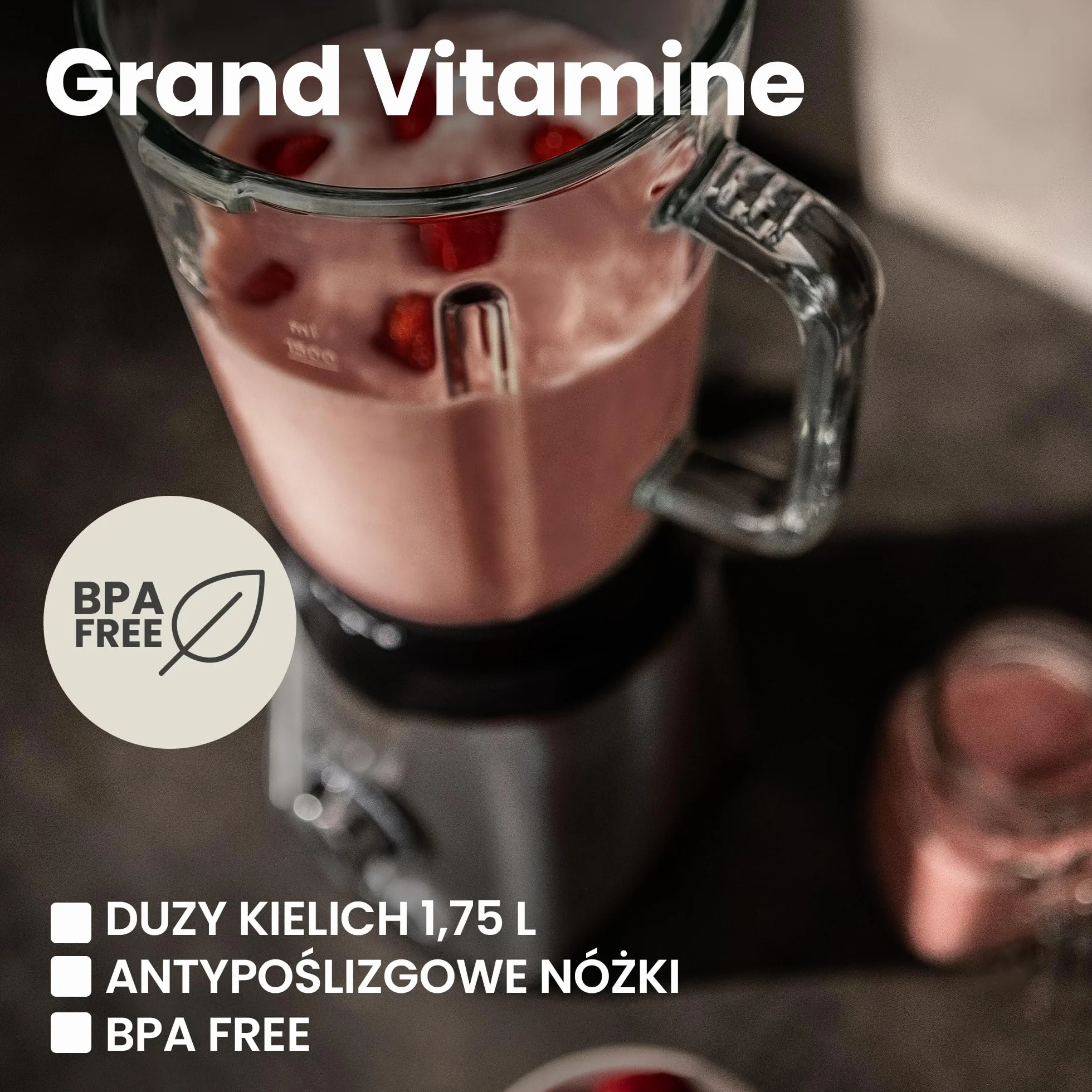 Zeegma Grand Vitamine Blender Kielichowy, Silnik 1600W, 3 Automatyczne Tryby Pracy, Duży Kielich 1,75L, 6 Noży, Regulacja Prędkości, Funkcja Thermofuse, Metalowa Obudowa, Podświetlenie Led