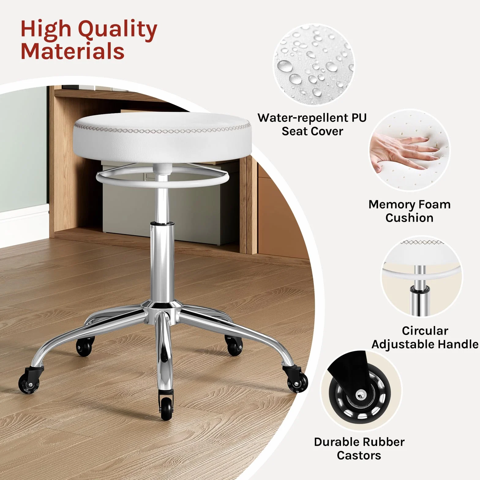 WOLTU Taboret na kółkach z regulacją wysokości, taboret biurowy obrotowy o 360°, taboret obrotowy na kółkach, okrągły taboret roboczy do biura, salonu i spa, sztuczna skóra, biały