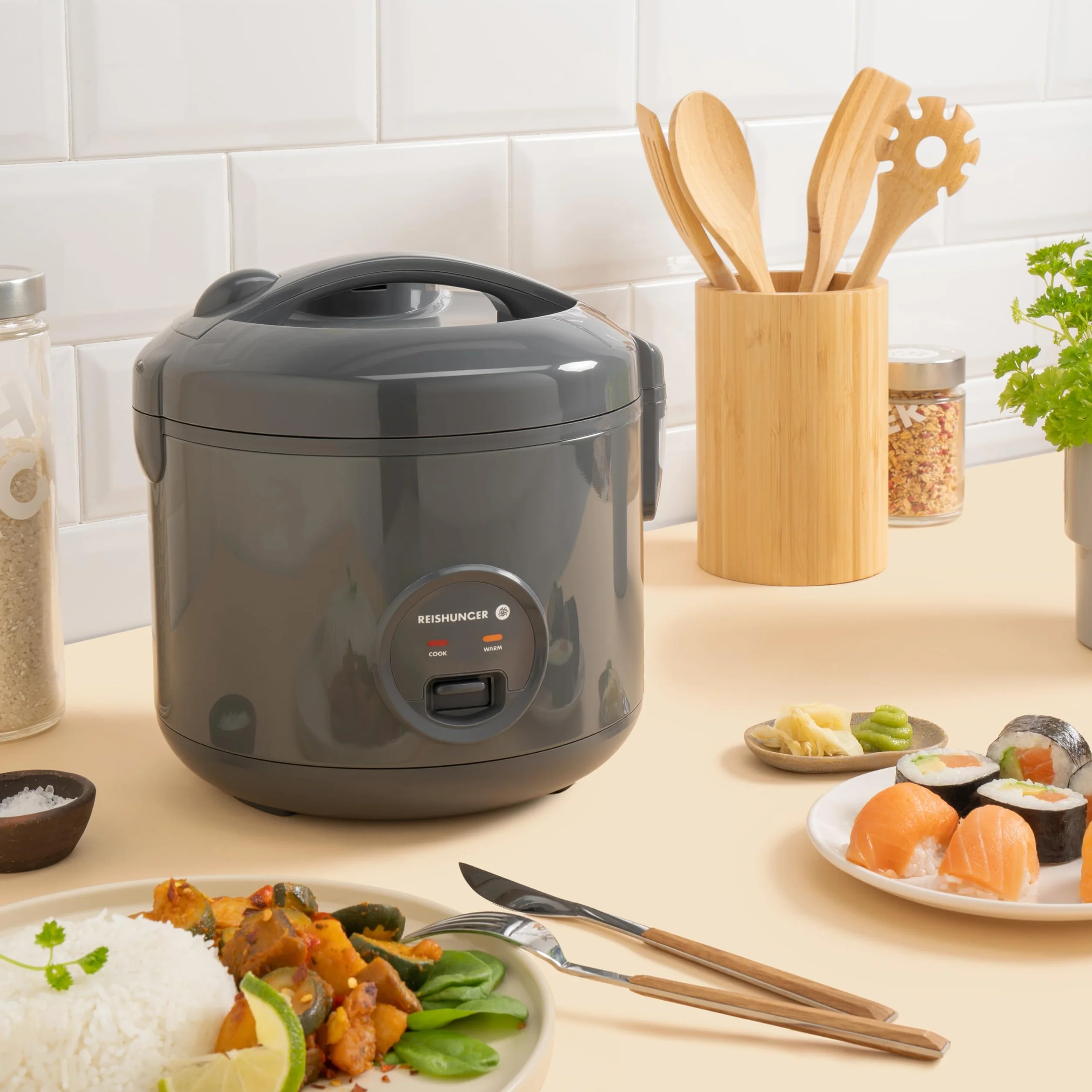 REISHUNGER Szybkowar do ryżu i parowar z powłoką ceramiczną – 1,2 l, kolor szary – dla 1-6 osób – szybkie przygotowanie bez przypalania – z funkcją utrzymania ciepła w zestawie wkładka do parowania