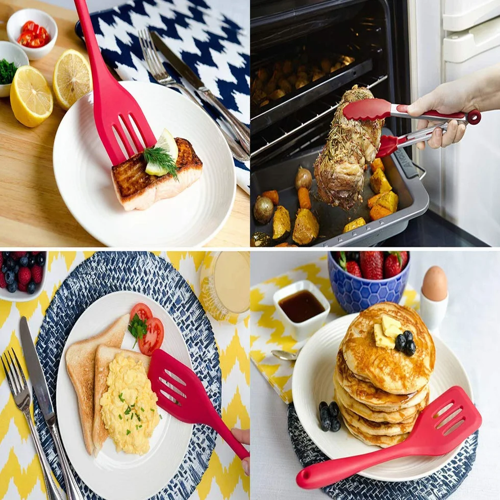 Silikonowe przybory kuchenne, 10 zestawów, zestaw przyborów kuchennych, odporne na wysokie temperatury, przybory kuchenne, silikon, nietoksyczne, powłoka zapobiegająca przywieraniu, seria naczyń kuchennych, przybory do pieczenia, zupy