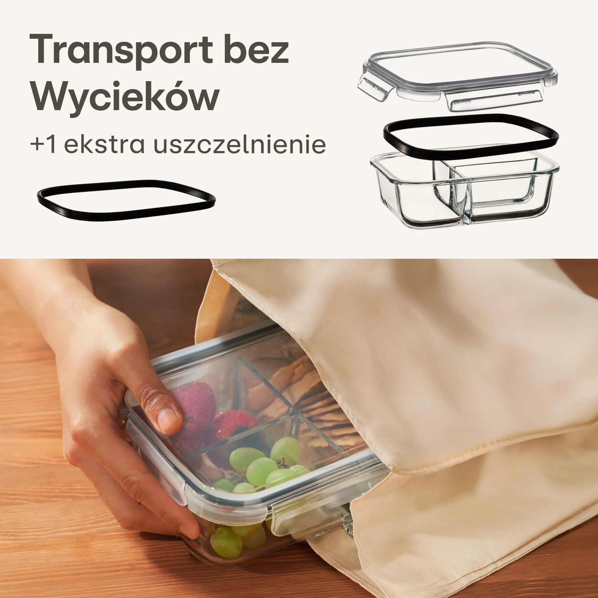 Szklane Pojemniki z 3 Komorami - Zestaw 2 Szklanych Pojemników na Żywność 1l - Hermetyczne - Odporny na Zmywarkę, Mikrofalówkę i Zamrażarkę