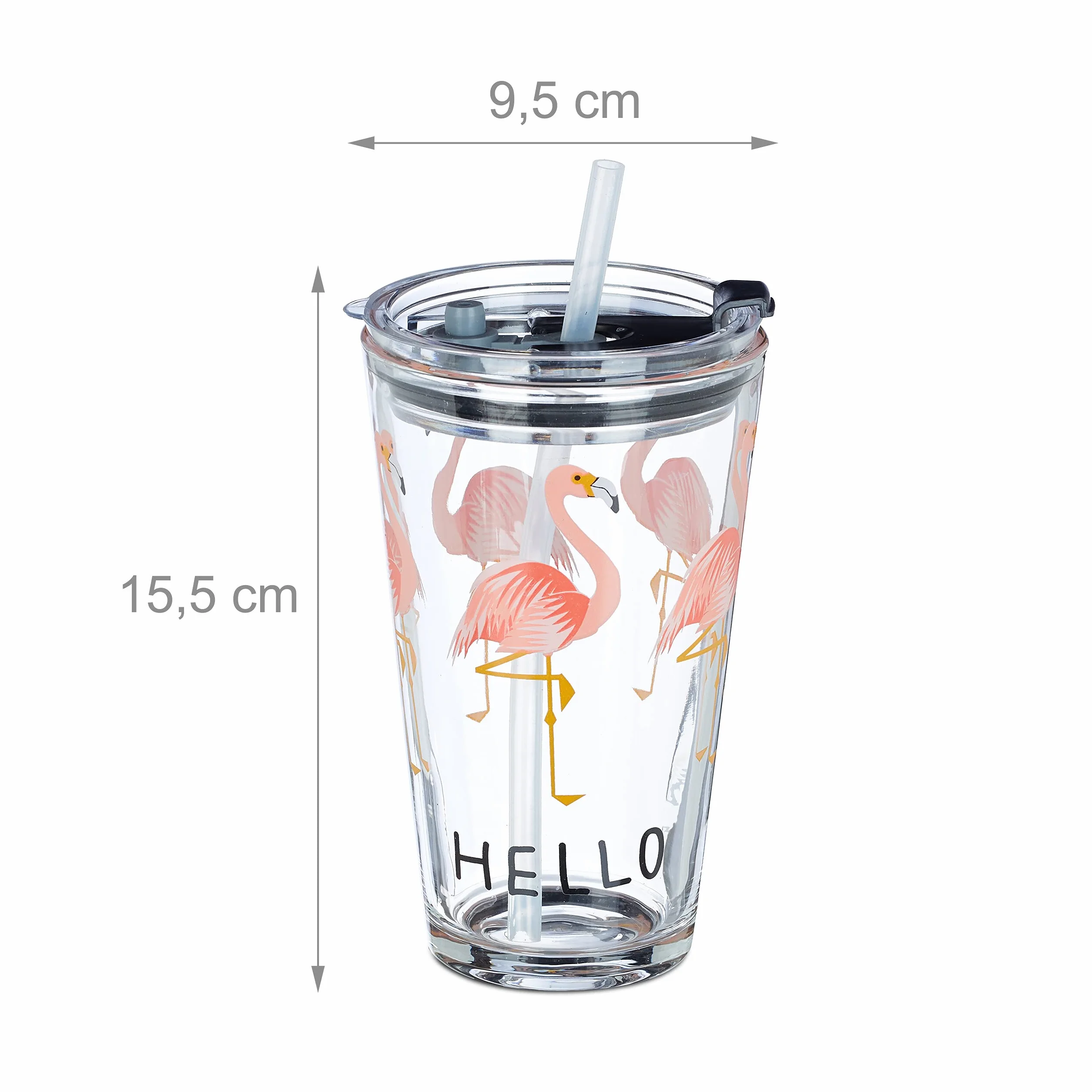 Relaxdays Szklane kubki z pokrywką i słomką, zestaw 4 szklanek do flaminga, 450 ml, nadają się do mycia w zmywarce, przezroczyste
