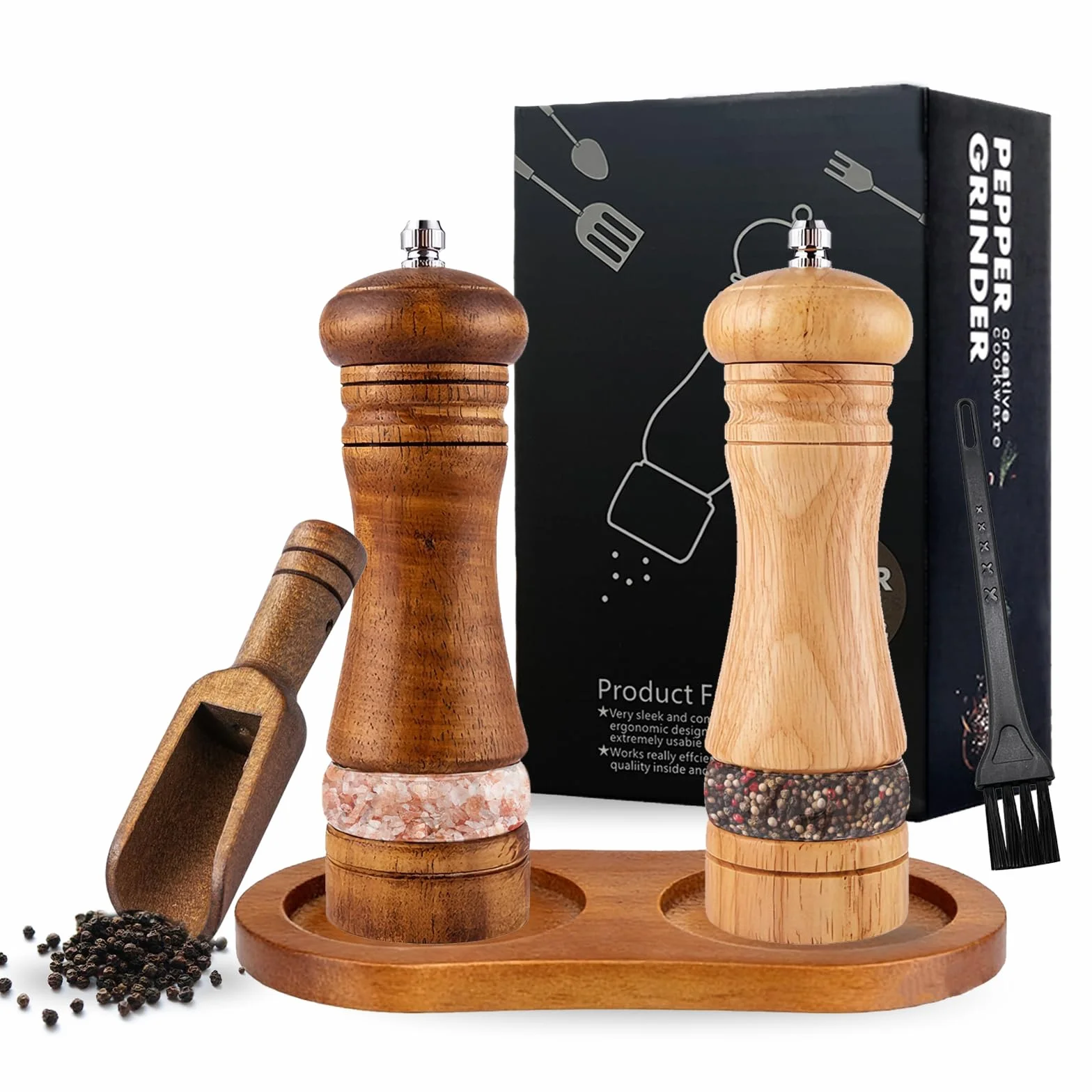 Młynek do Pieprzu i Soli z Drewna Gumowego 16,5 cm Ręczny z Regulowanym Mechanizmem Ceramicznym